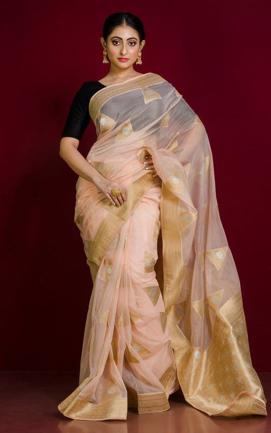 Organza Silk Banarasi Saree in Pale Peach, Silver and Muted Gold