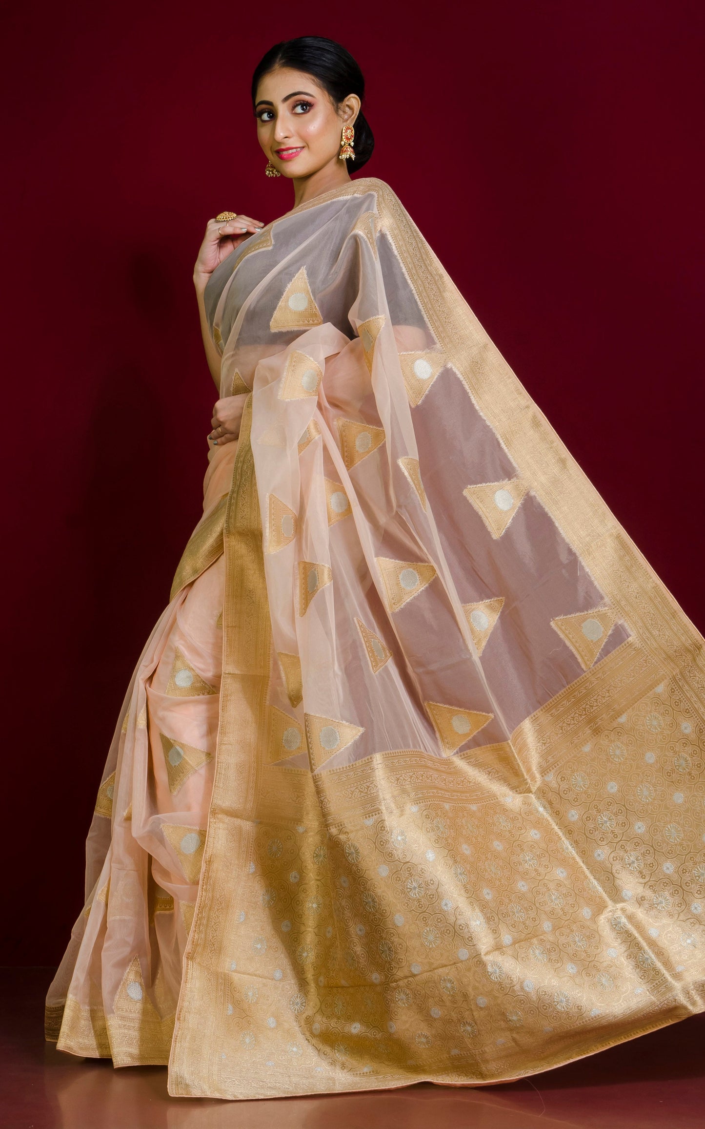 Organza Silk Banarasi Saree in Pale Peach, Silver and Muted Gold