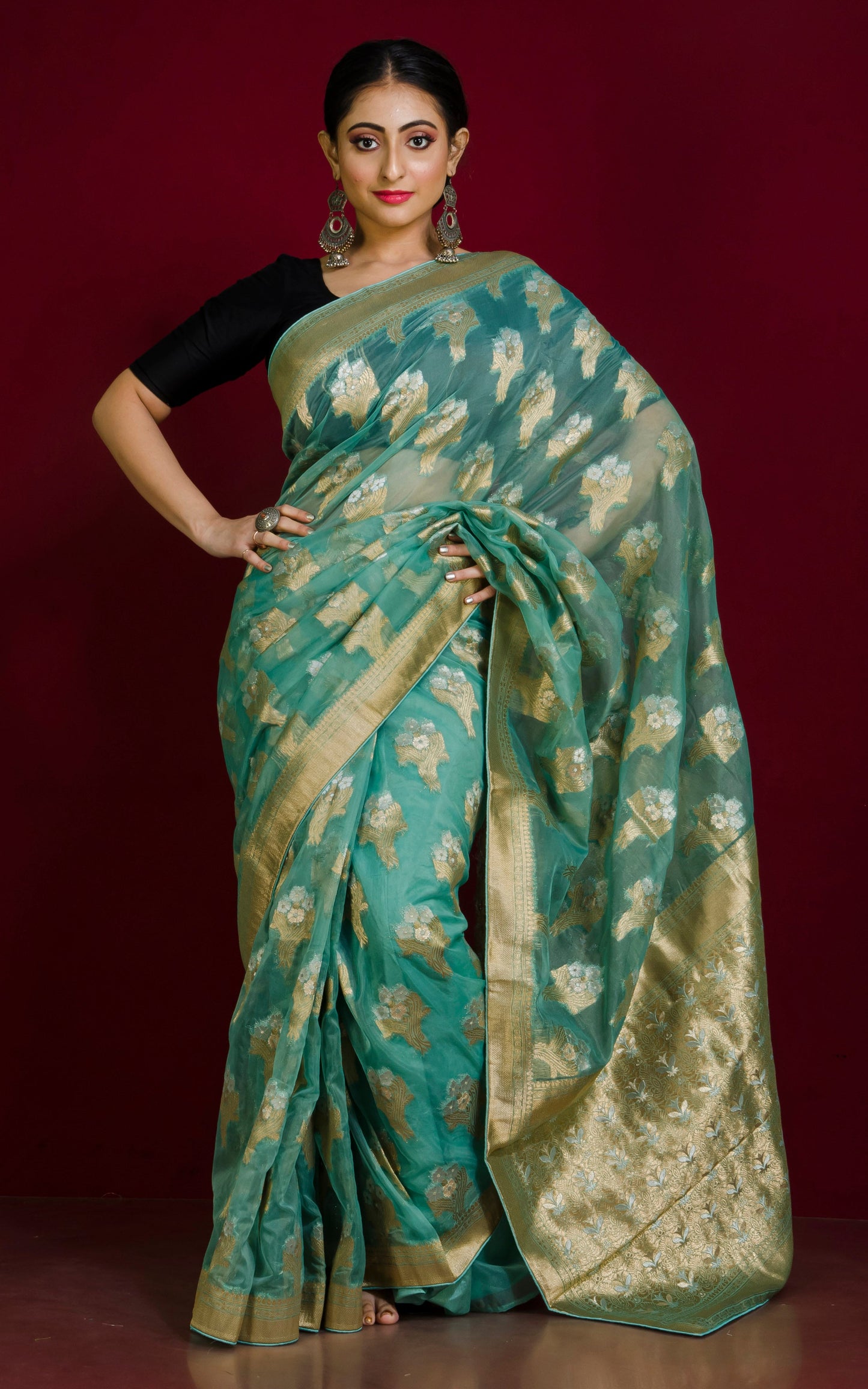 Organza Silk Banarasi Saree in Pine Green, Silver and Muted Gold