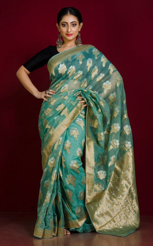 Organza Silk Banarasi Saree in Pine Green, Silver and Muted Gold