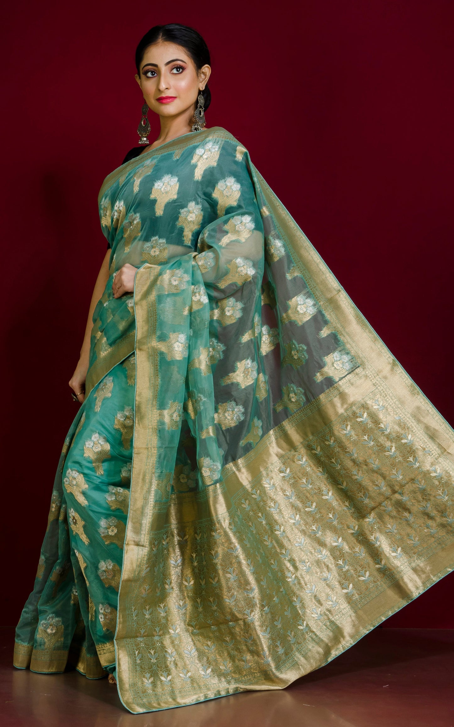 Organza Silk Banarasi Saree in Pine Green, Silver and Muted Gold