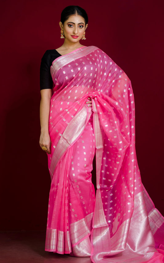 Designer Handloom Kora Silk Banarasi Saree in Bright Flamingo Pink and Muted Silver