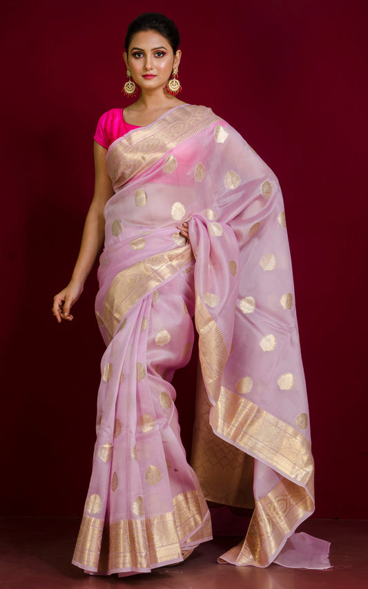 Designer Handloom Kora Silk Banarasi Saree in Pastel Pink and Pale Gold