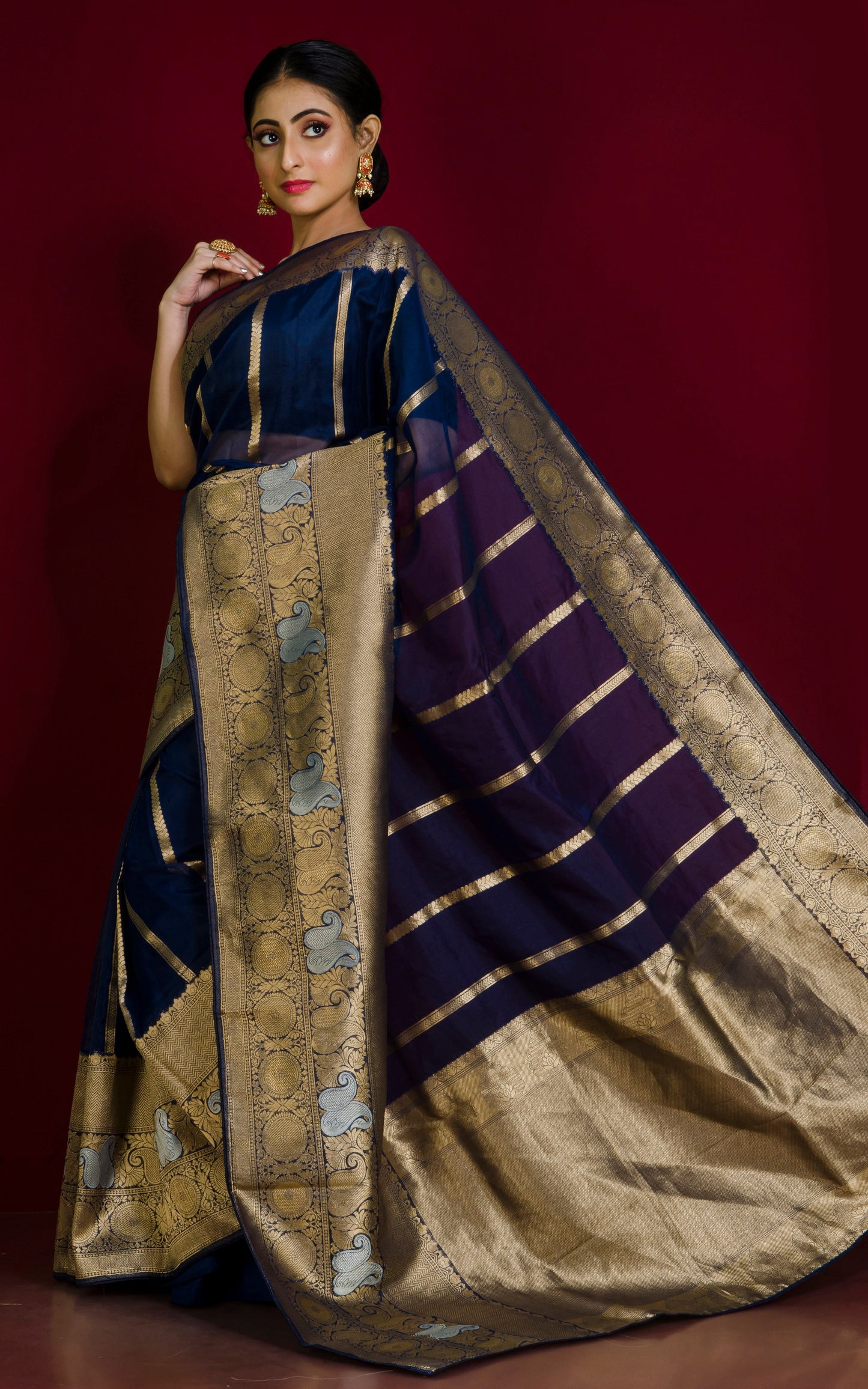 Organza Silk Banarasi Saree in Midnight Blue, Silver and Muted Gold