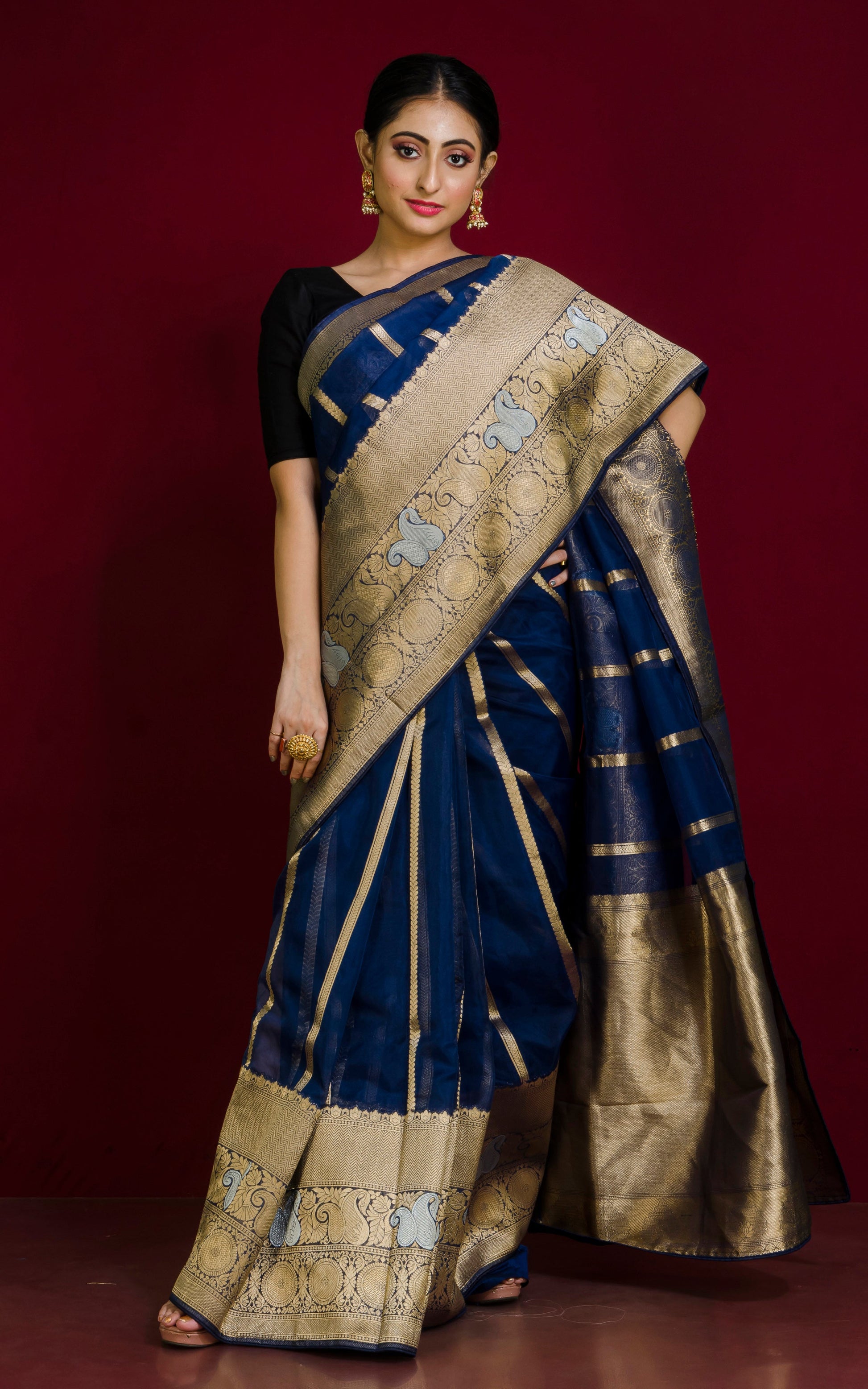 Organza Silk Banarasi Saree in Midnight Blue, Silver and Muted Gold