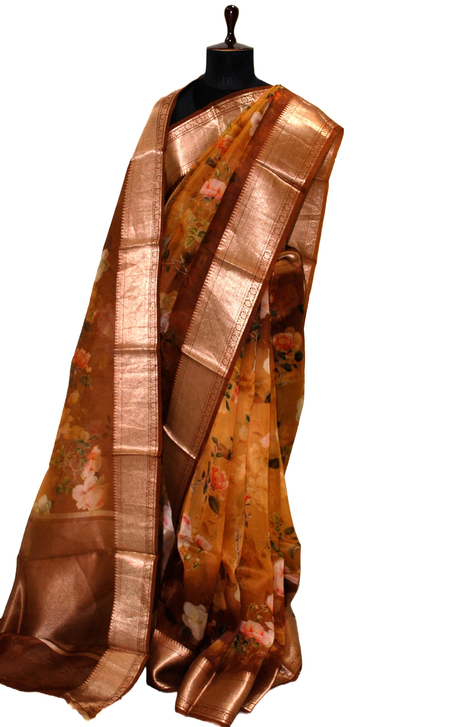 Digital Printed Handloom Kora Silk Banarasi Saree in Chocolate Brown, Amber Yellow , Multicolored and Antique Gold Zari