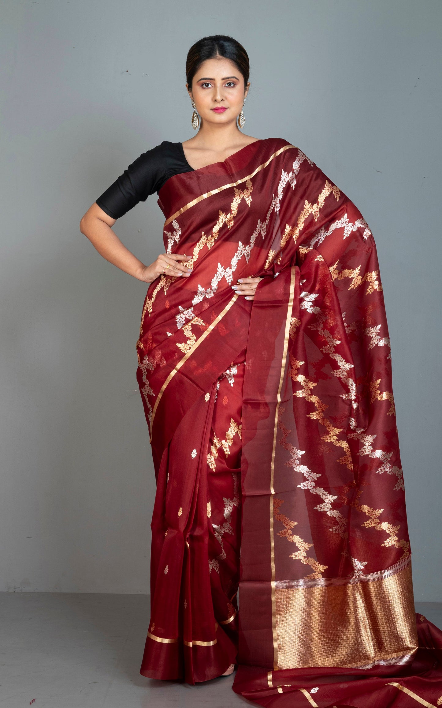 Aara Work Satin Silk Border Kora Silk Banarasi Saree in Dark Maroon with Matt Gold and Silver Woven Zari Nakshi Work