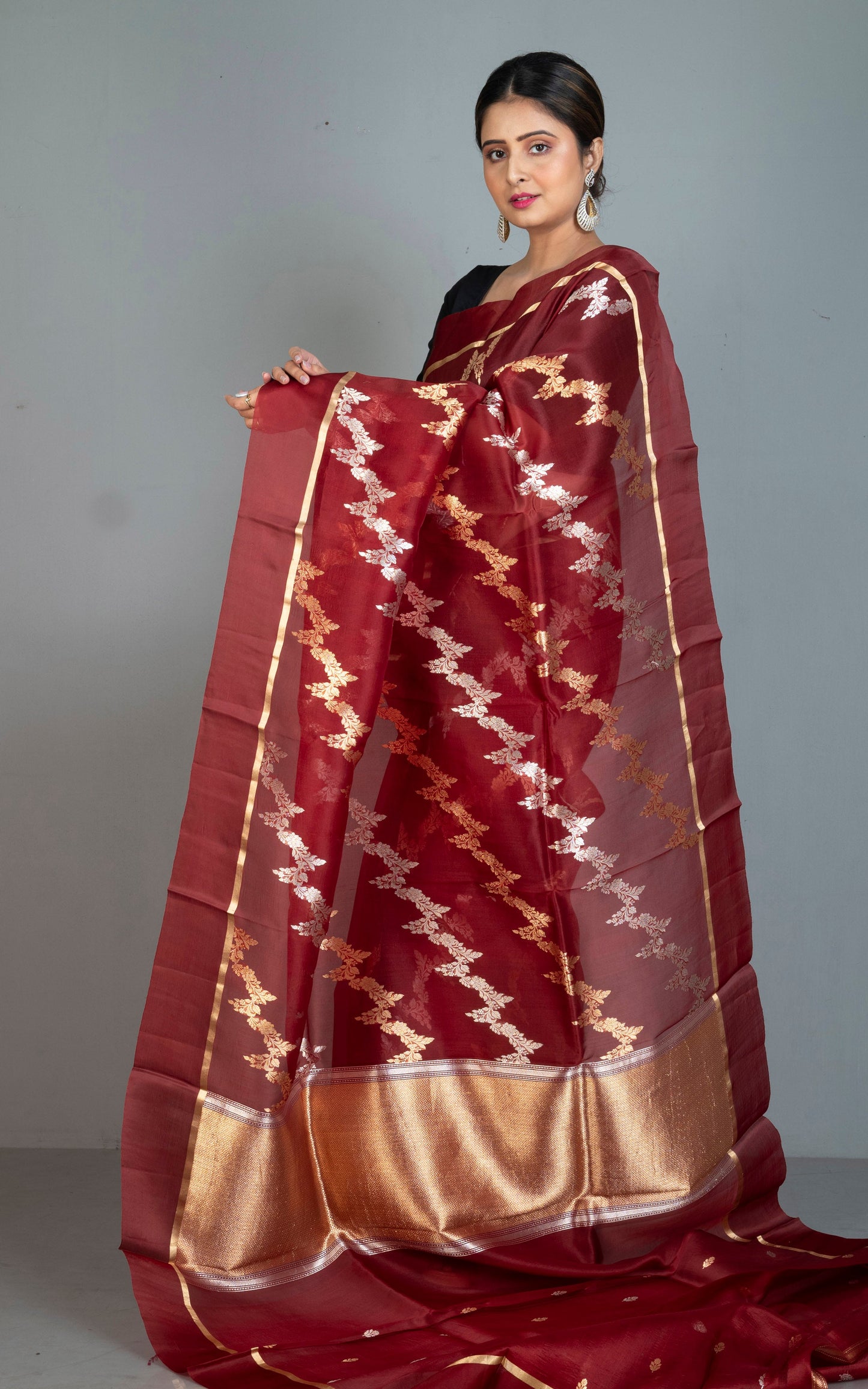 Aara Work Satin Silk Border Kora Silk Banarasi Saree in Dark Maroon with Matt Gold and Silver Woven Zari Nakshi Work