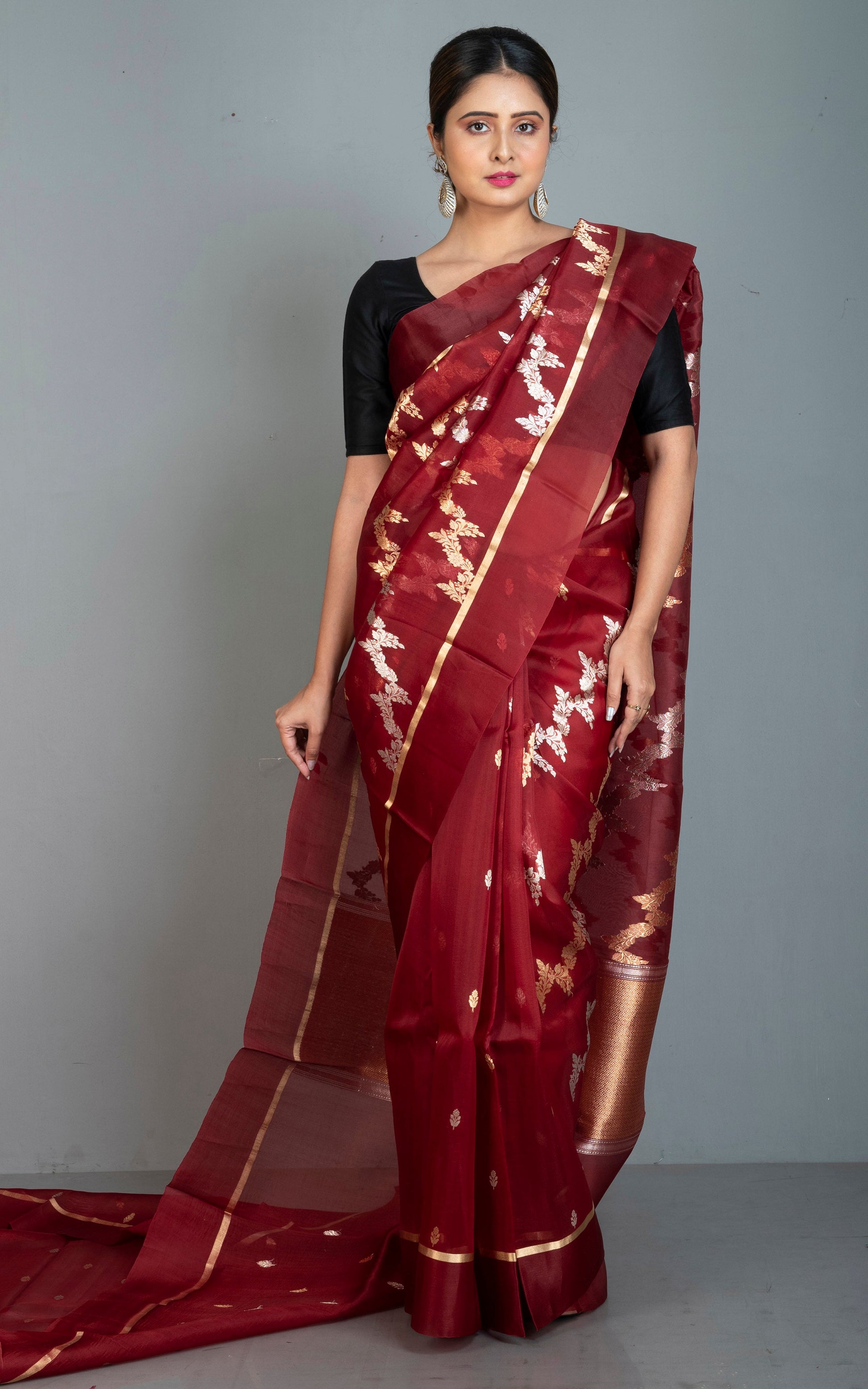 Aara Work Satin Silk Border Kora Silk Banarasi Saree in Dark Maroon with Matt Gold and Silver Woven Zari Nakshi Work