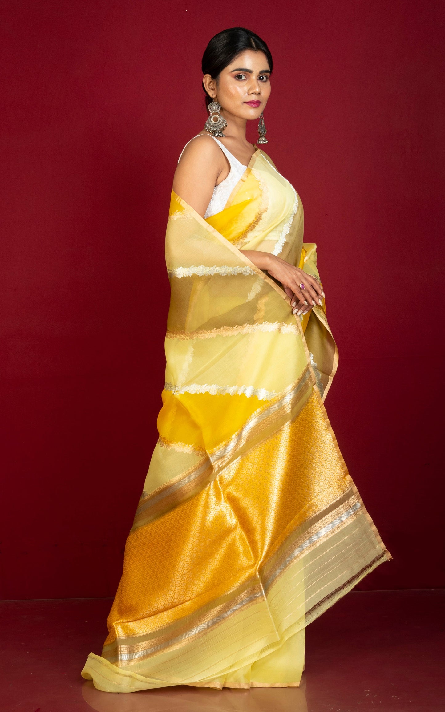 Designer Poth Border Handloom Kora Silk Banarasi Saree in Tuscan Sun Yellow, Lemon Yellow and Snuff Brown with Silver and Matt Gold Aara Zari Nakshi Work