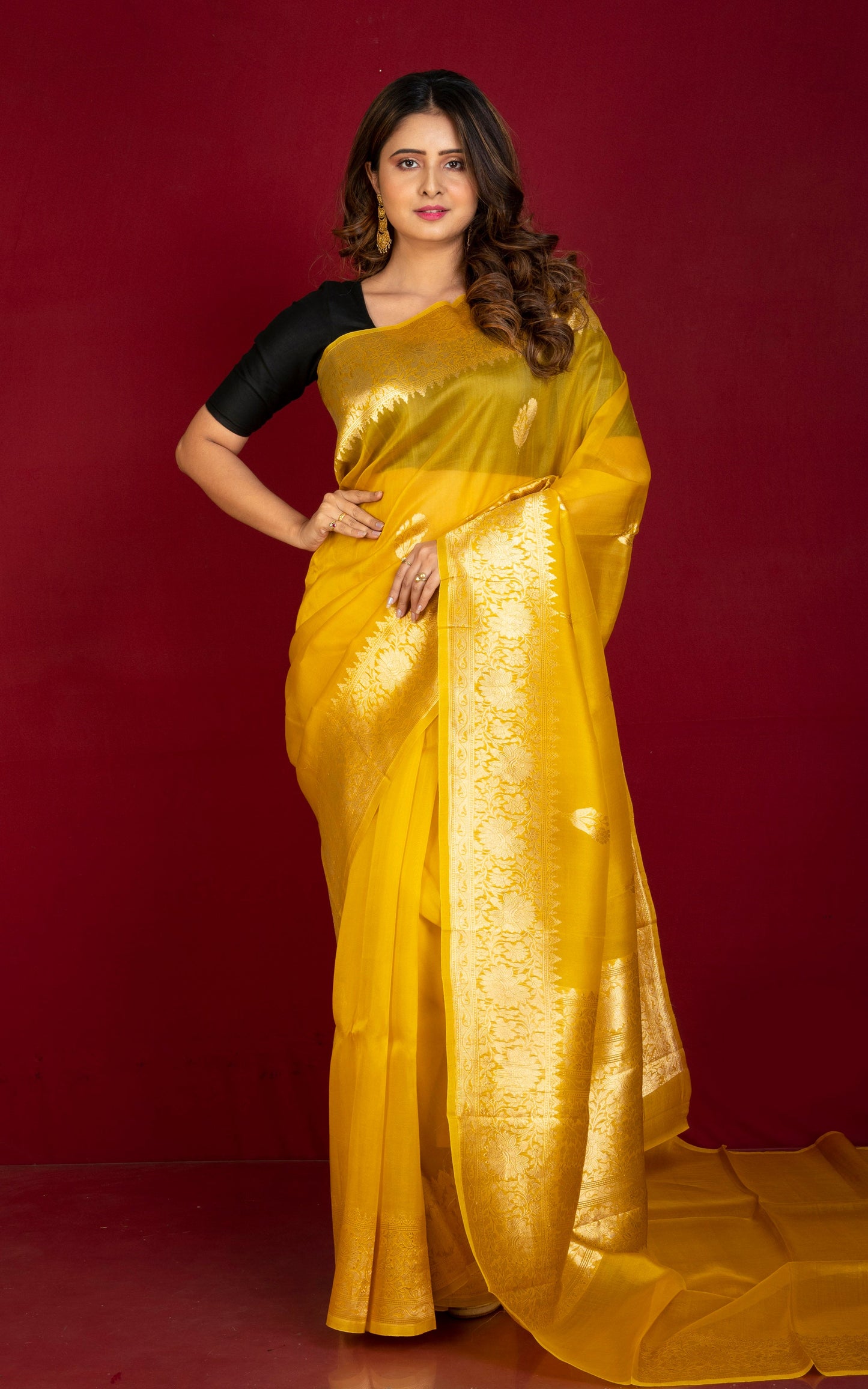 Designer Handloom Kora Silk Banarasi Saree in Yellow and Water Gold Zari Nakshi Work