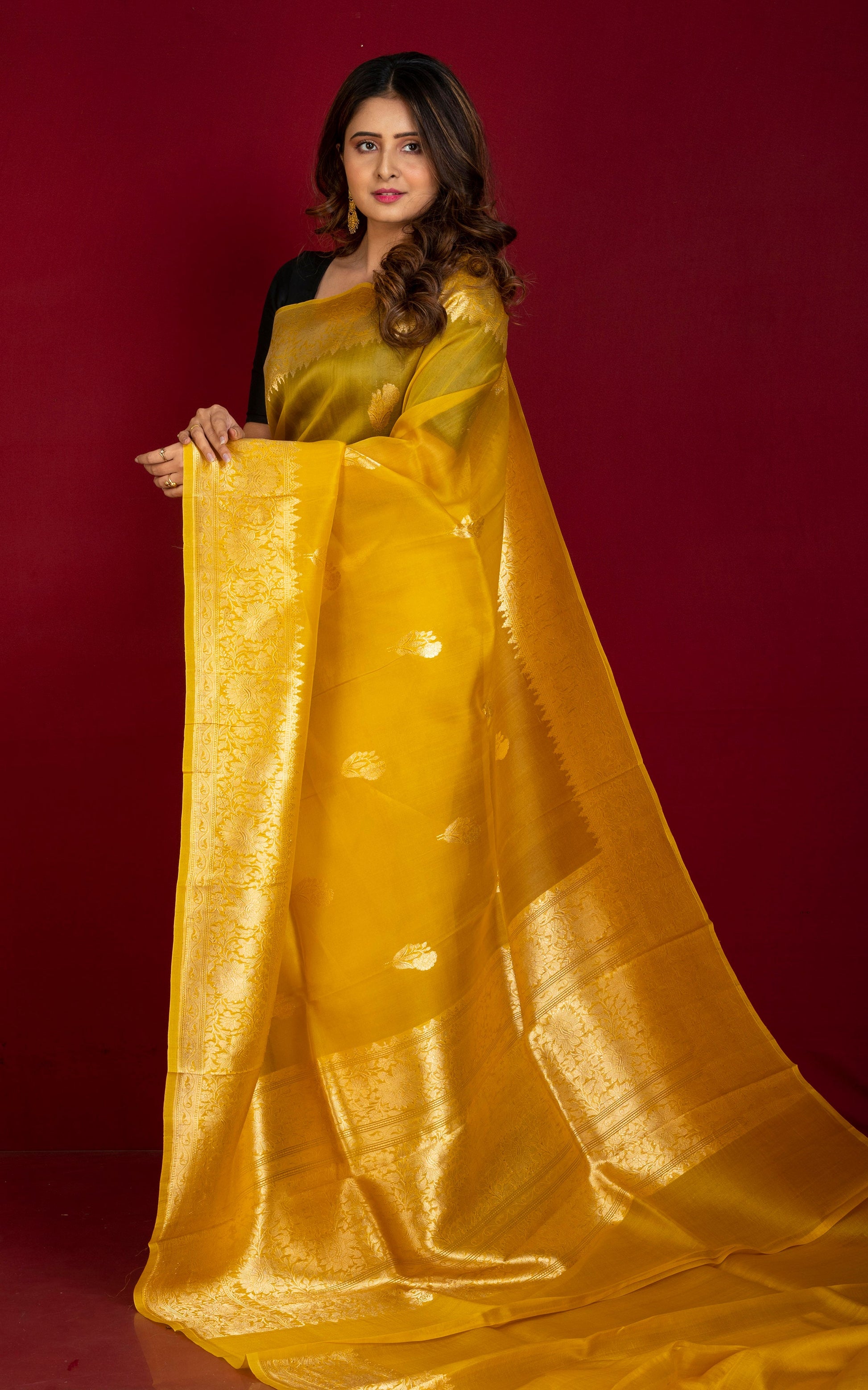 Designer Handloom Kora Silk Banarasi Saree in Yellow and Water Gold Zari Nakshi Work