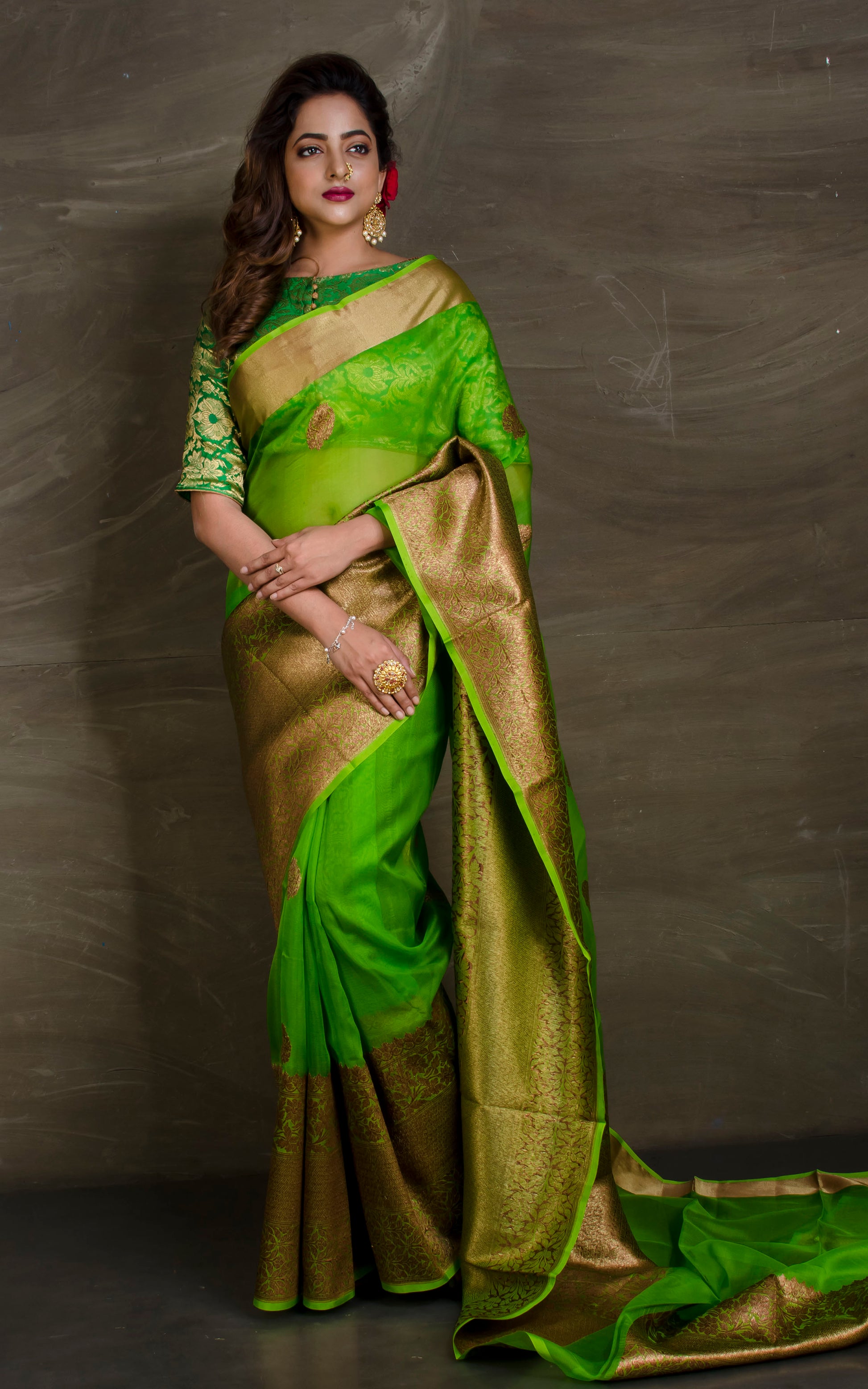 Pure Handloom Kora Silk Banarasi Saree in Parrot Green and Antique Gold from Bengal Looms India