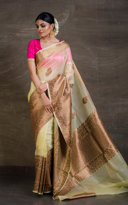 Pure Handloom Kora Silk Banarasi Saree in Butterscotch and Antique Gold from Bengal Looms India