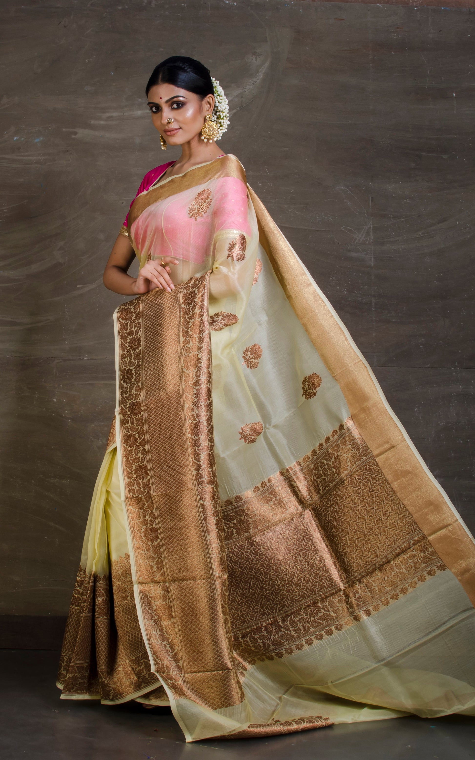 Pure Handloom Kora Silk Banarasi Saree in Butterscotch and Antique Gold from Bengal Looms India