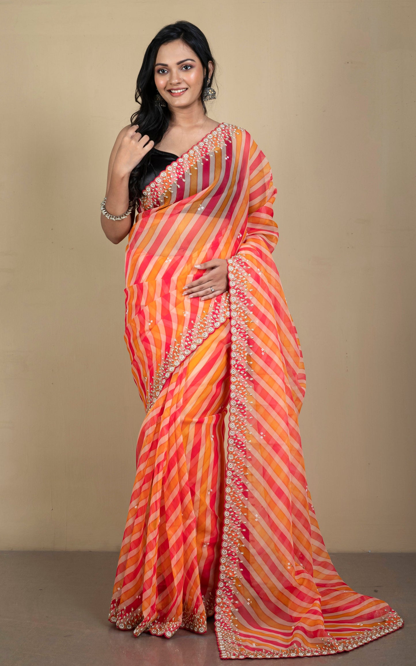 Bold and Fashionable Soft Organza Zardozi Silk Saree in Dual Tone Orange, Peach and Beige