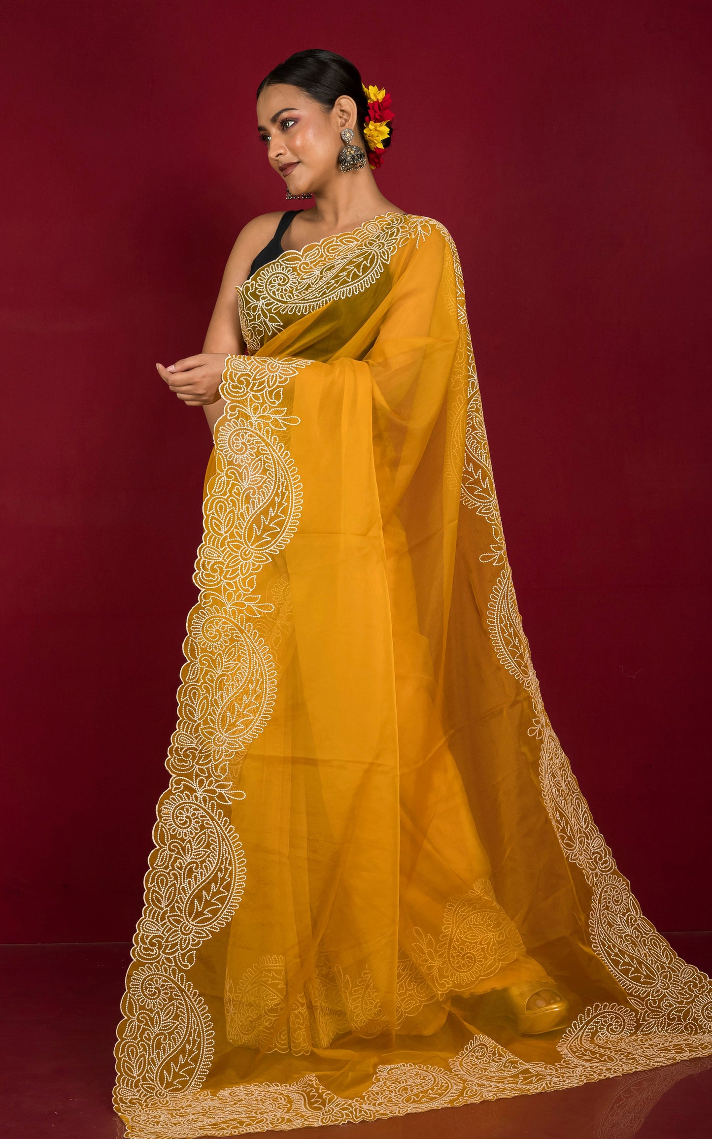 Designer Organza Silk with Embroidery Work in Bright Yellow and Powder White