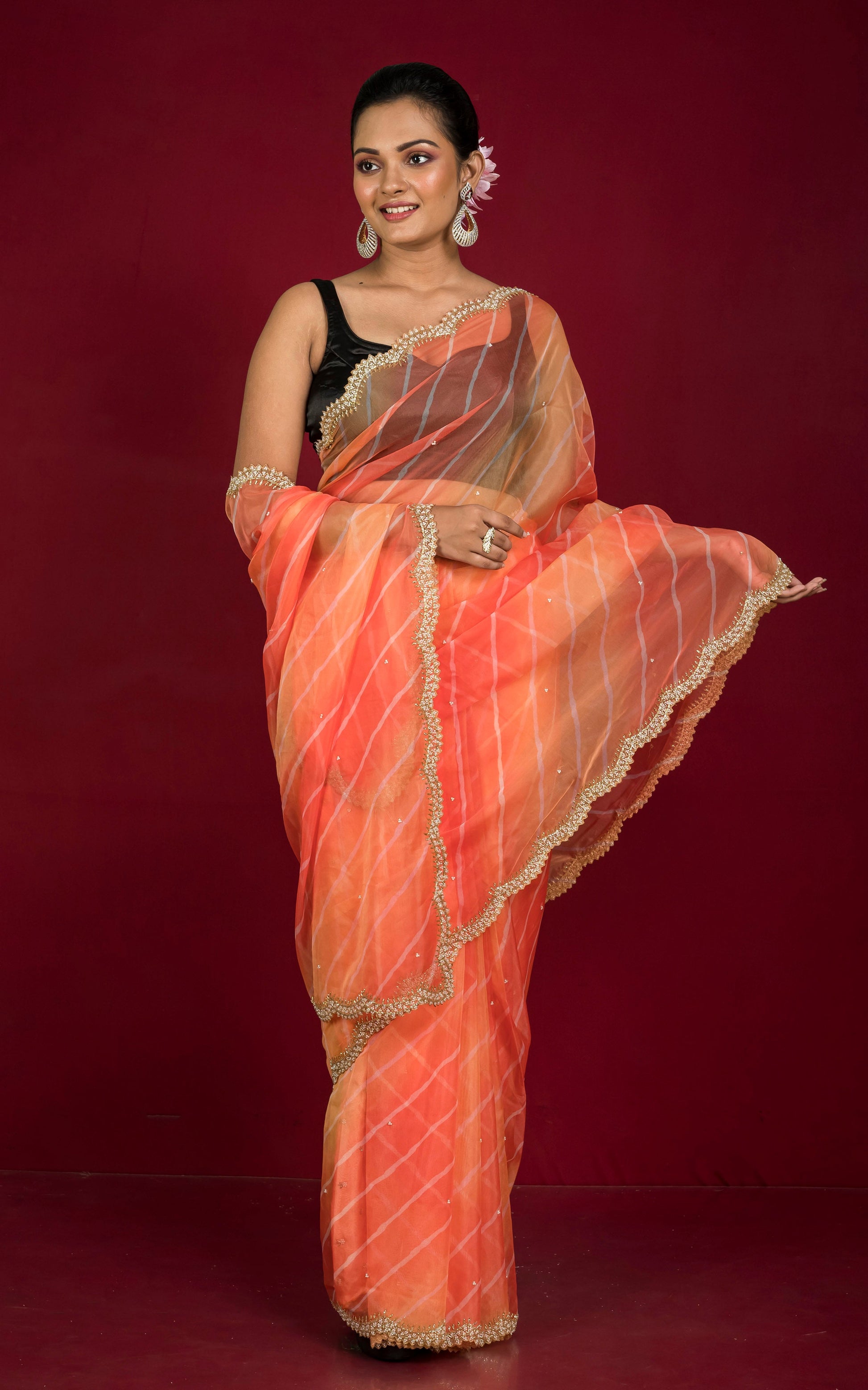 Designer Leheriya Printed Organza Zardozi Silk Saree in Apricot Orange