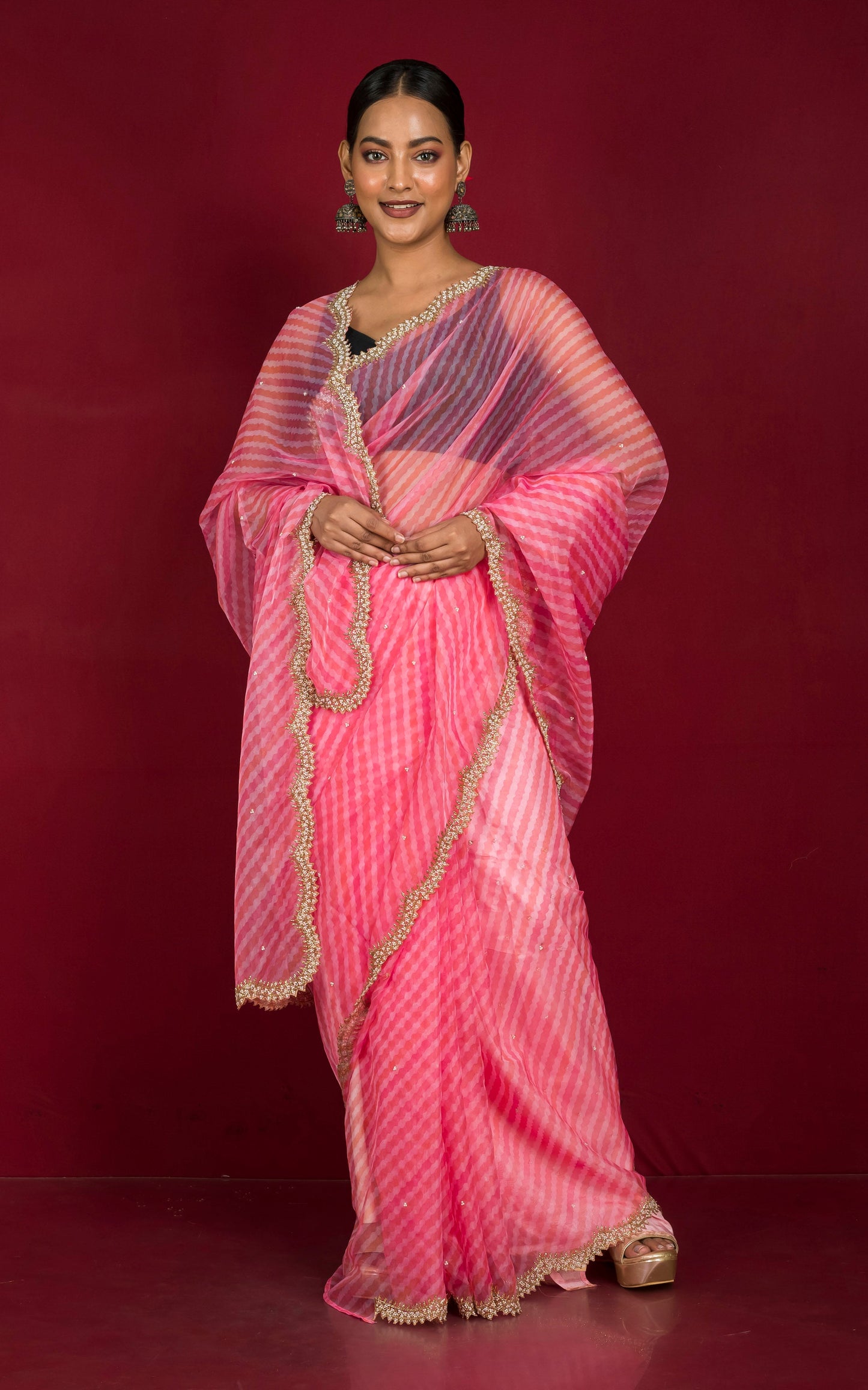 Designer Leheriya Printed Organza Zardozi Silk Saree in Watermelon Pink