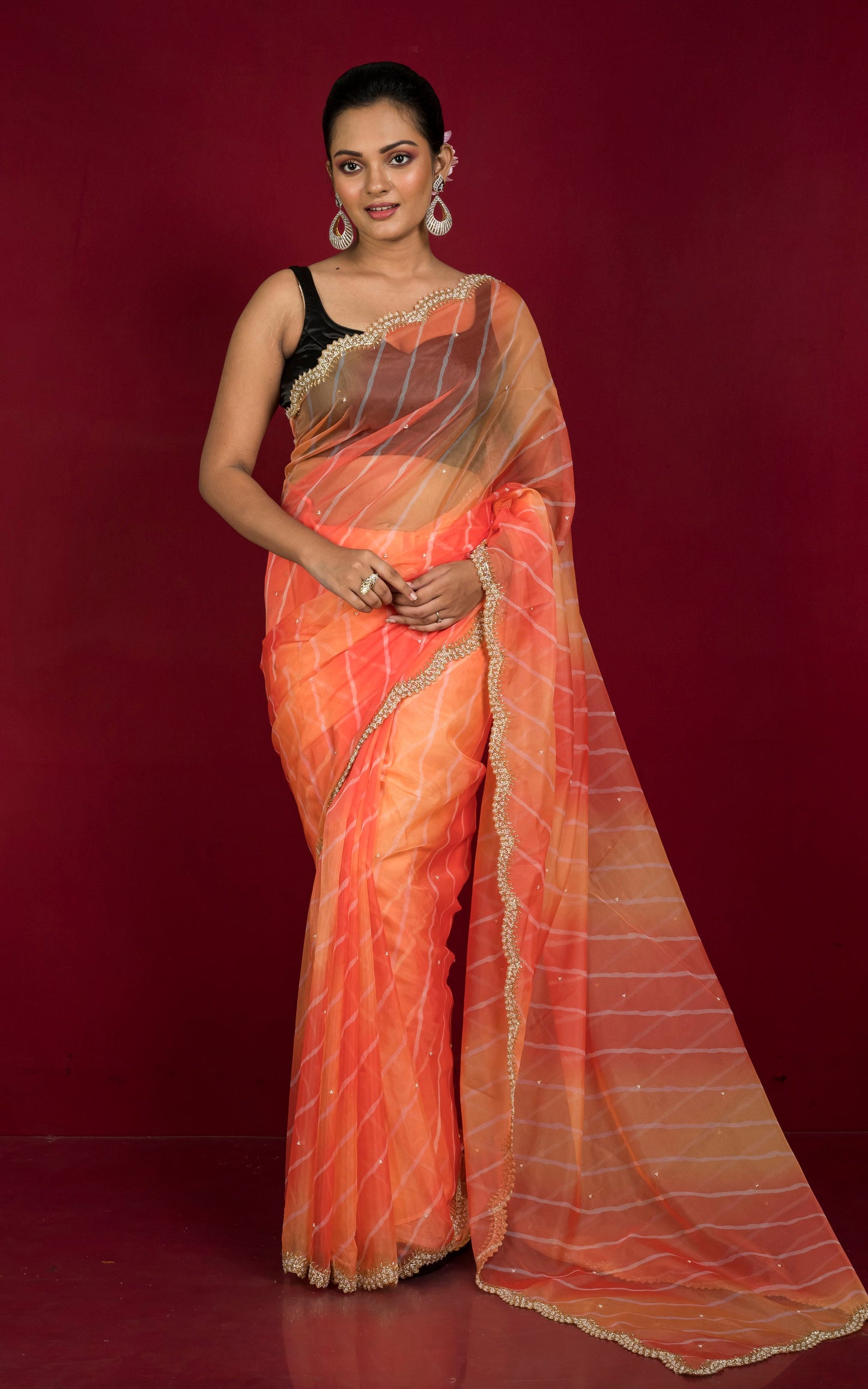 Designer Leheriya Printed Organza Zardozi Silk Saree in Apricot Orange