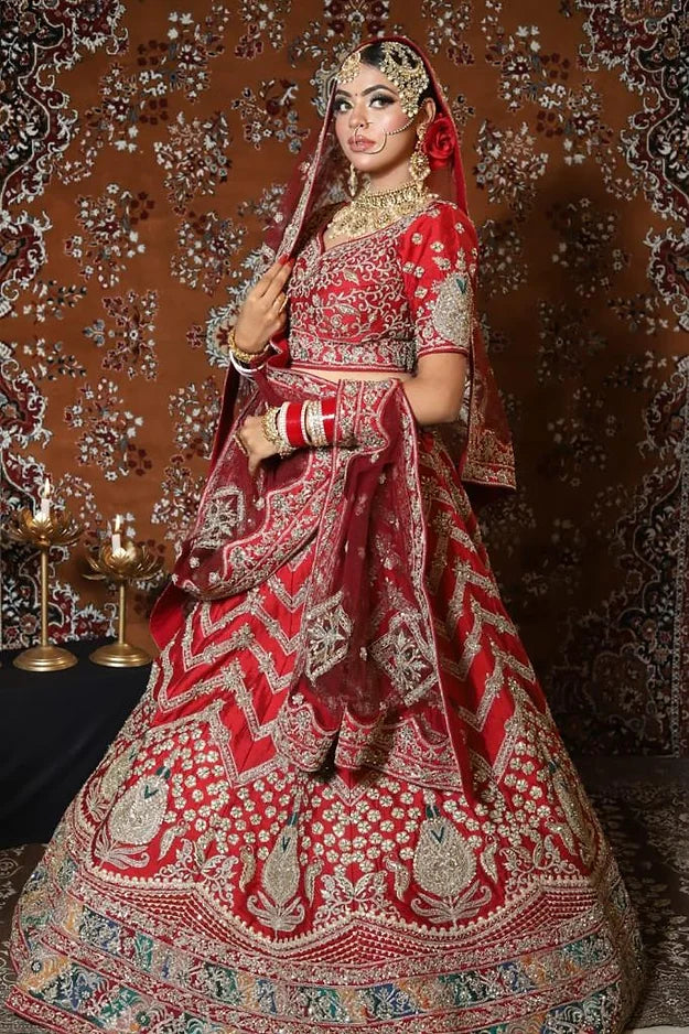 True Red with Peacock Motifs & Mughal Floral Golden Zardozi Bridal Lehenga set