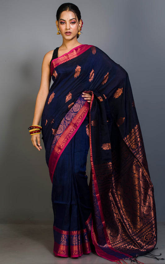 Handwoven Skirt Nakshi Border Cotton Linen Banarasi Saree in Midnight Blue and Multicolored