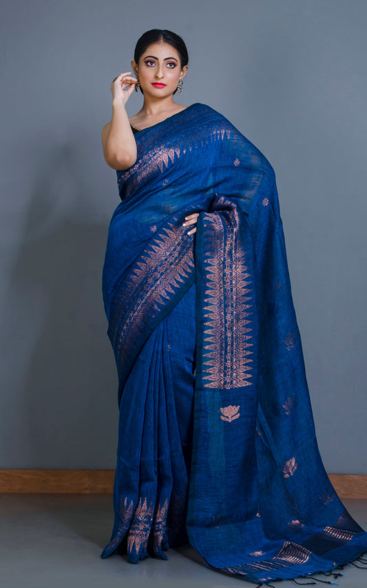 Handwoven Linen Kanchipuram Saree in Denim Blue and Copper