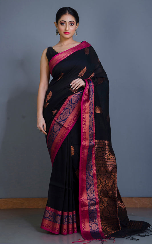 Handwoven Skirt Nakshi Border Cotton Linen Banarasi Saree in Pitch Black and Multicolored