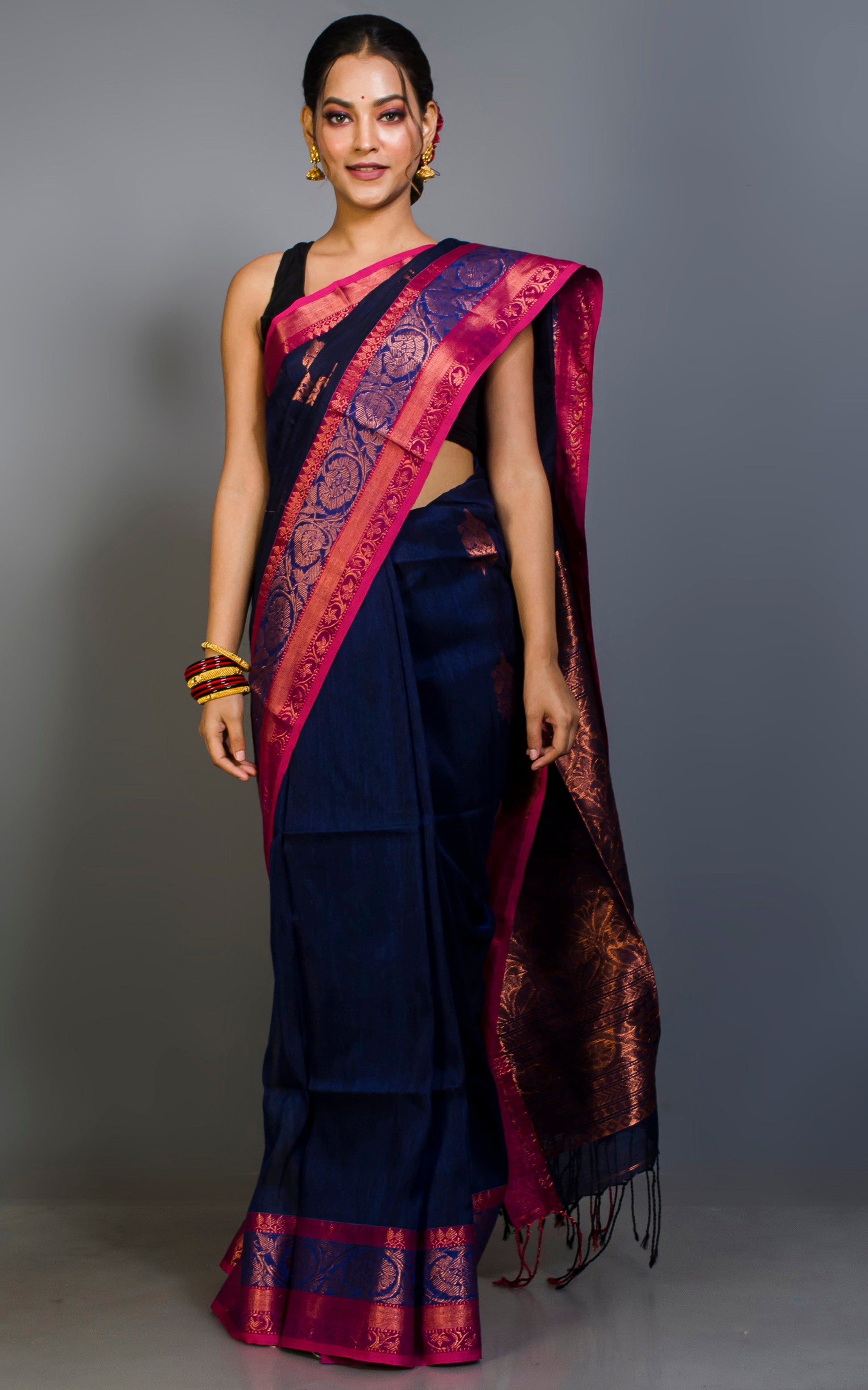 Handwoven Skirt Nakshi Border Cotton Linen Banarasi Saree in Midnight Blue and Multicolored