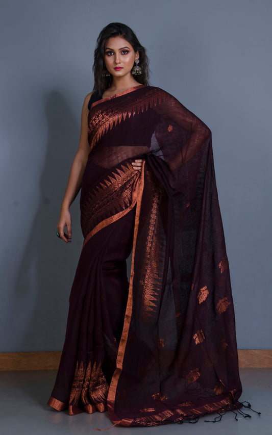 Handwoven Linen Kanchipuram Saree in Dark Wine and Copper