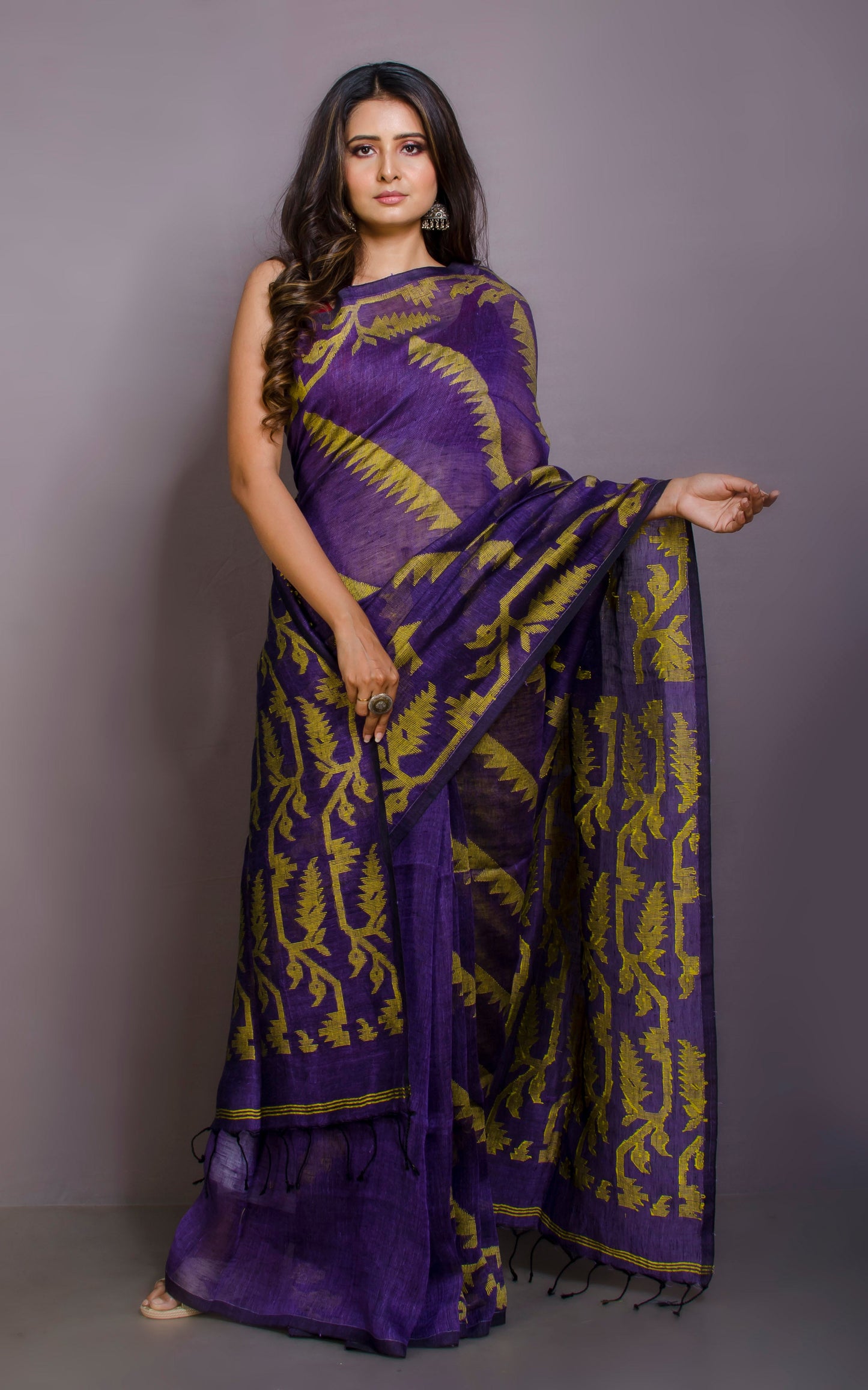 Exclusive Hand Karat Work Soft Linen Jamdani Saree in Rebecca Purple and Minion Yellow