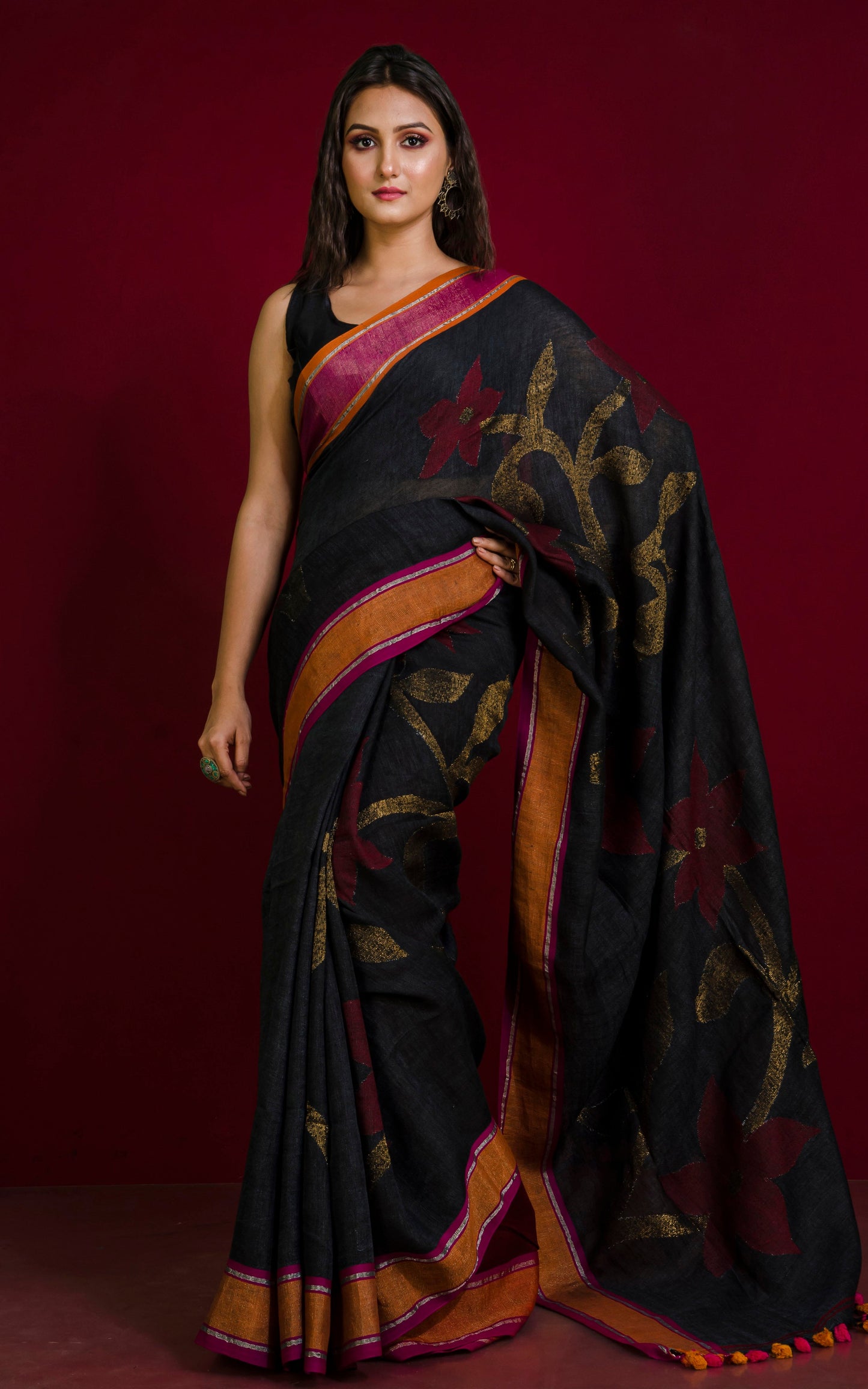 Exclusive Linen Jamdani Saree in Charcoal Black, Antique Gold, Pomegranate Red and Matt Orange