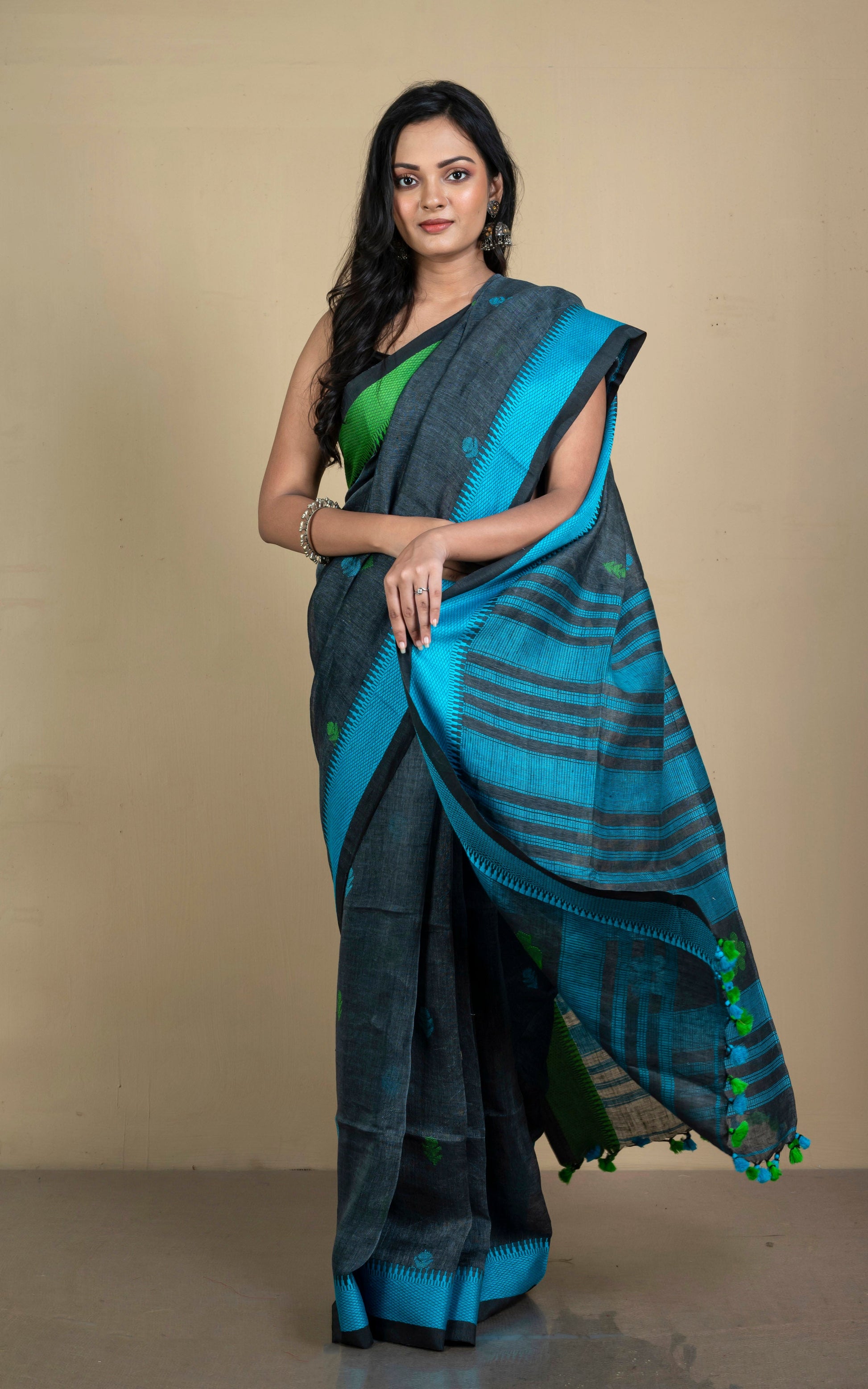 Premium Quality Traditional Linen Jamdani Saree in Pewter Grey, Strobe Blue and Kelly Green