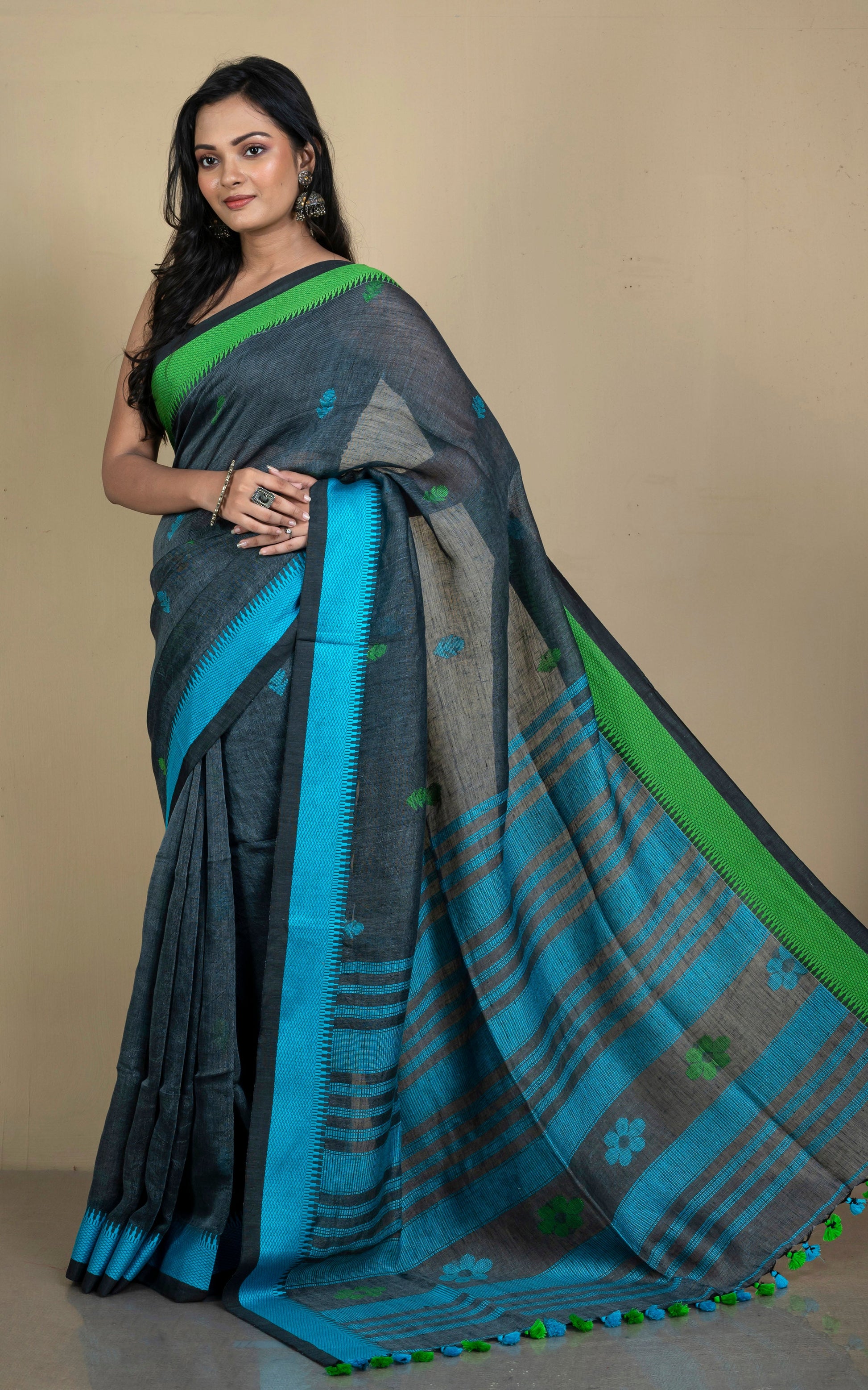 Premium Quality Traditional Linen Jamdani Saree in Pewter Grey, Strobe Blue and Kelly Green