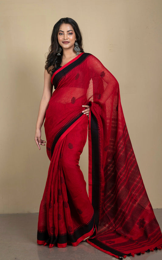 Premium Quality Traditional Linen Jamdani Saree in Blood Red and Zed Black