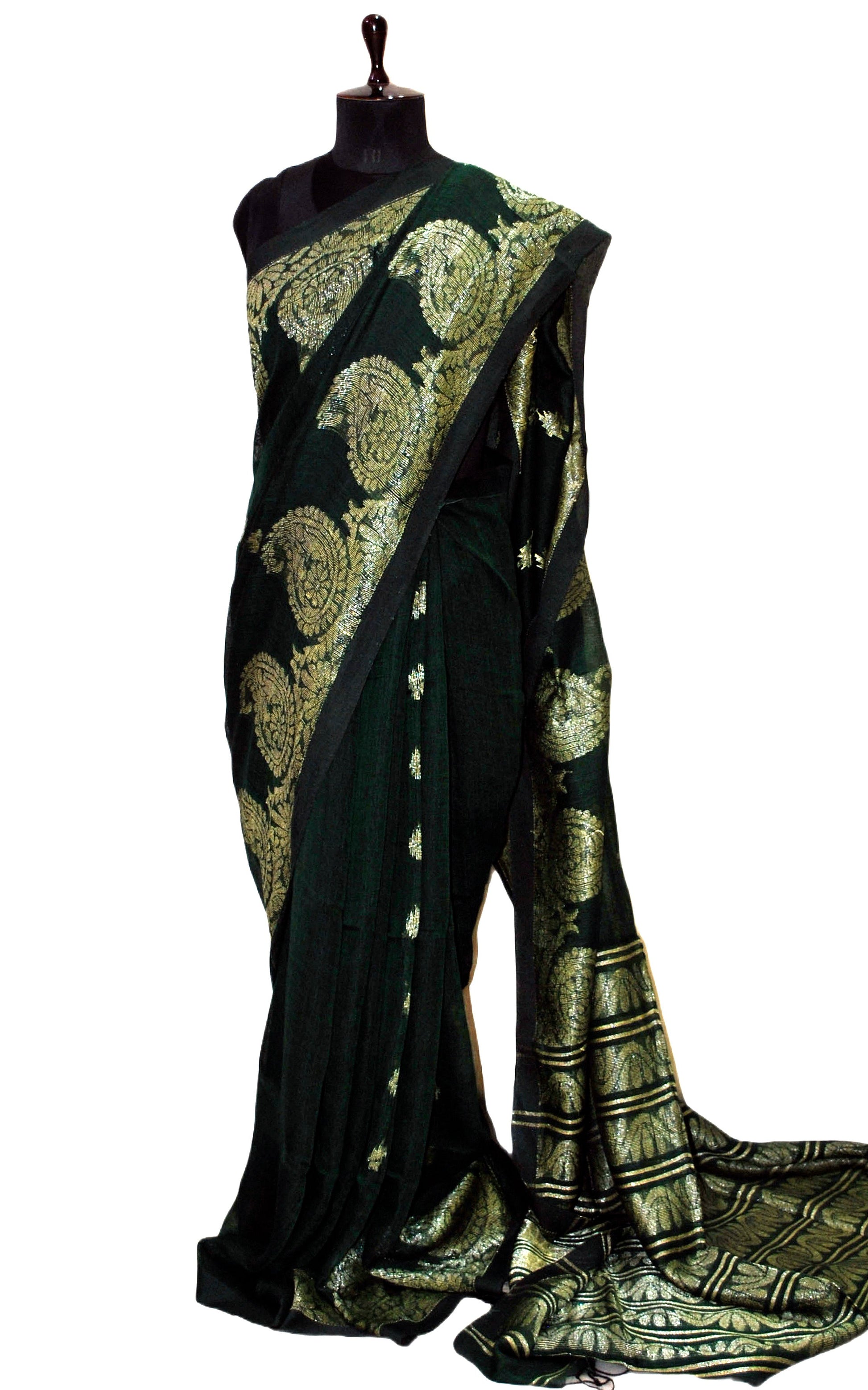 Woven Paisley Motif Work Border Linen Jamdani Saree in Black and Antique Silver