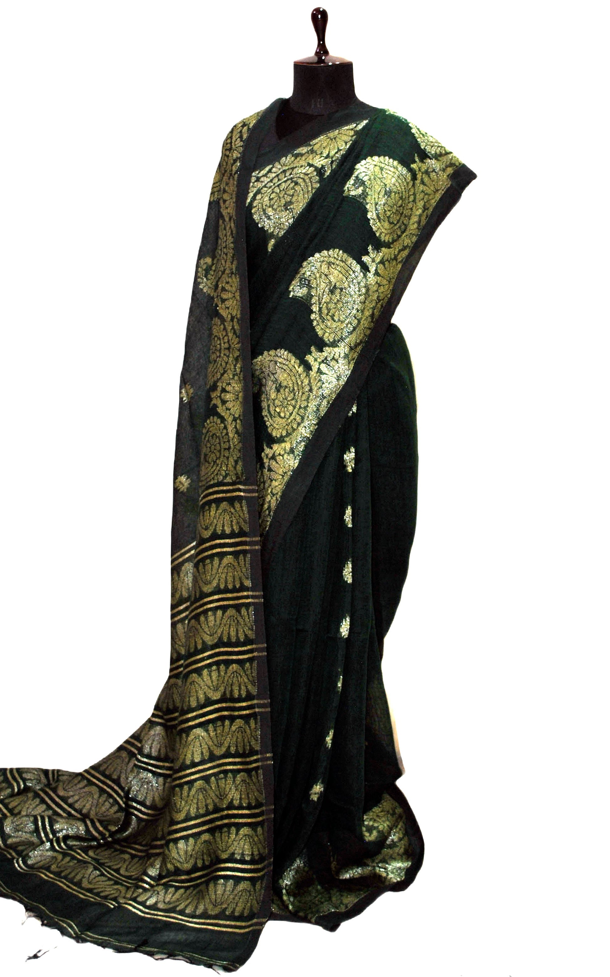 Woven Paisley Motif Work Border Linen Jamdani Saree in Black and Antique Silver