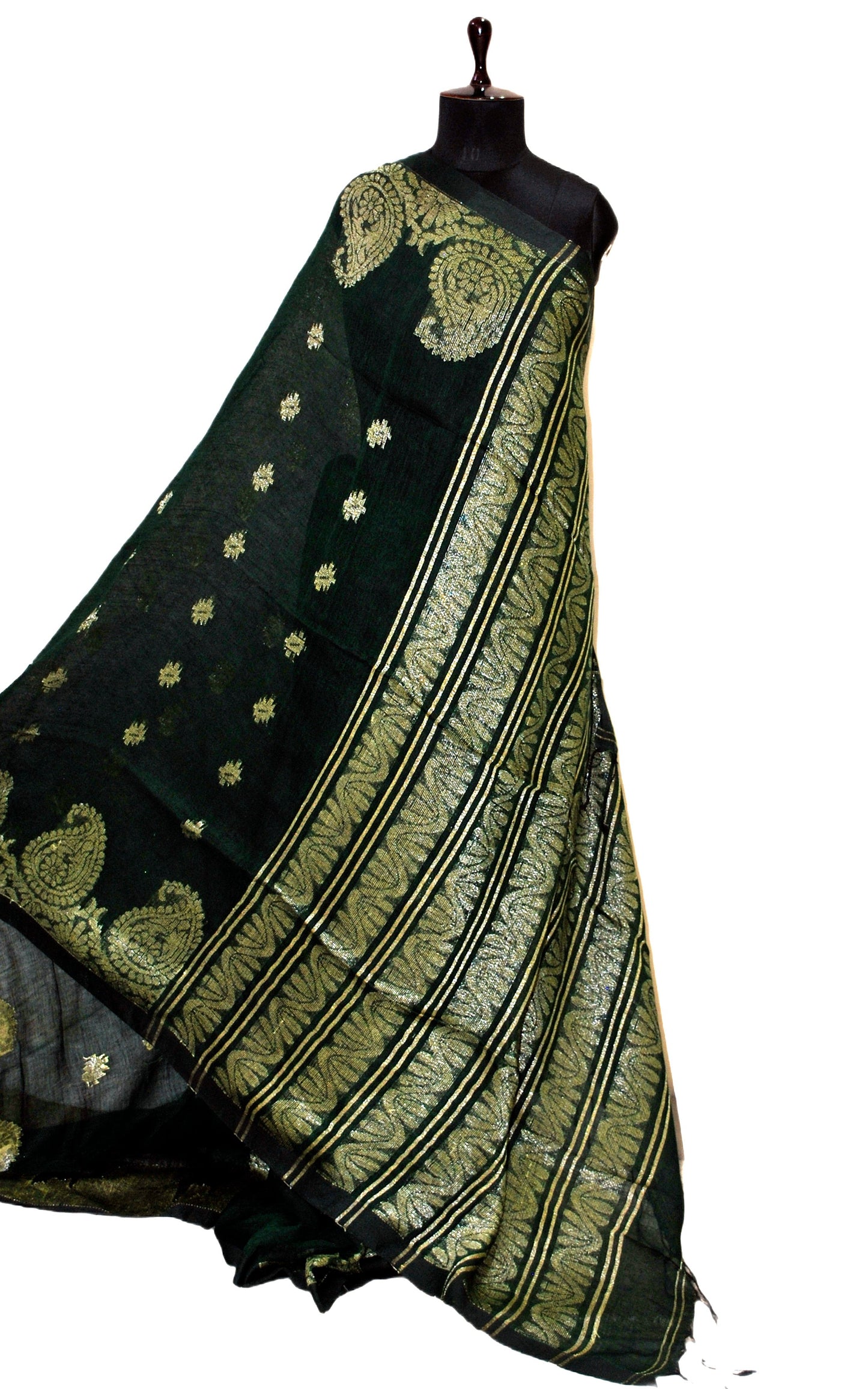 Woven Paisley Motif Work Border Linen Jamdani Saree in Black and Antique Silver