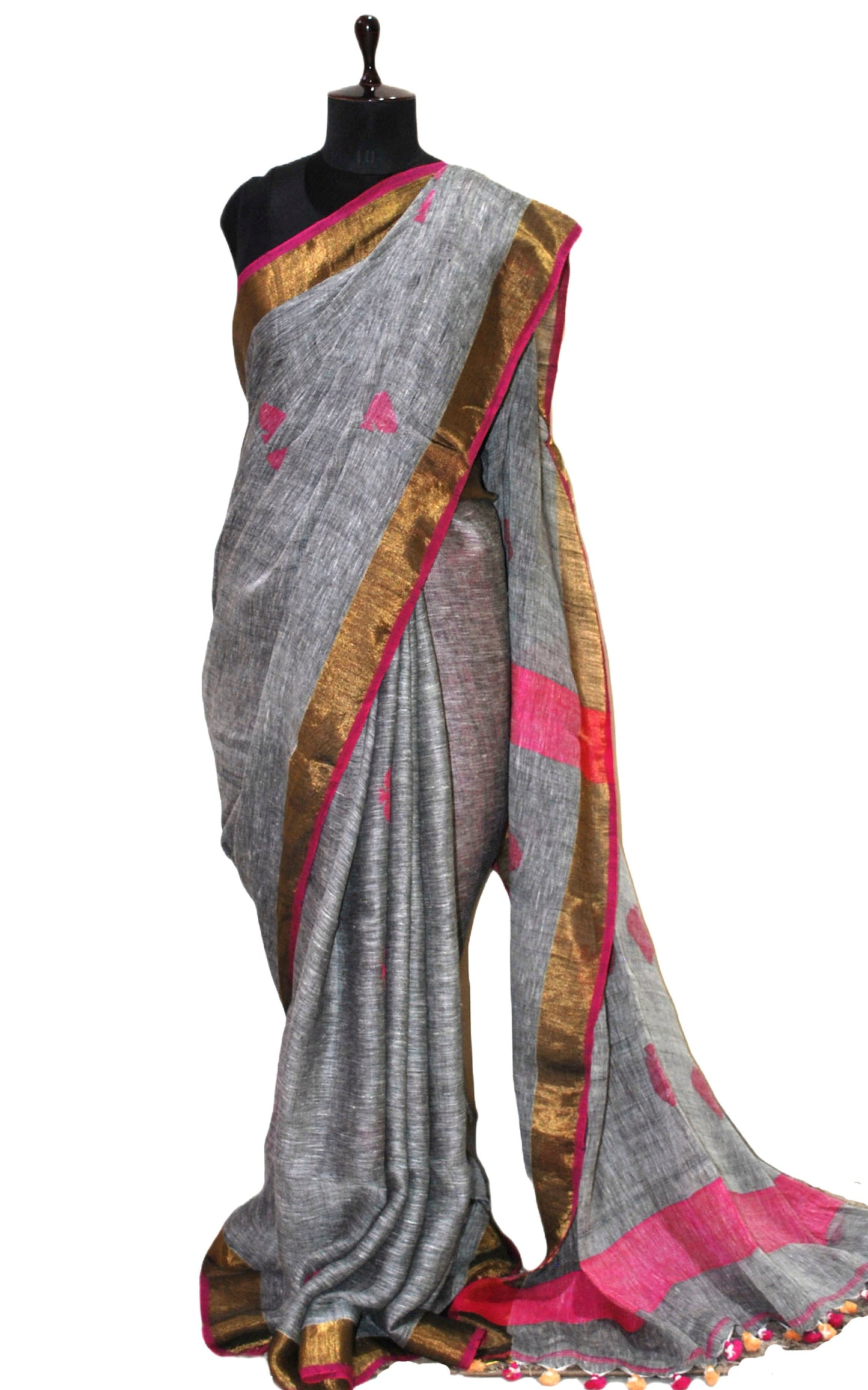 Pure Handloom Linen Saree in Grey, Pink and Gold