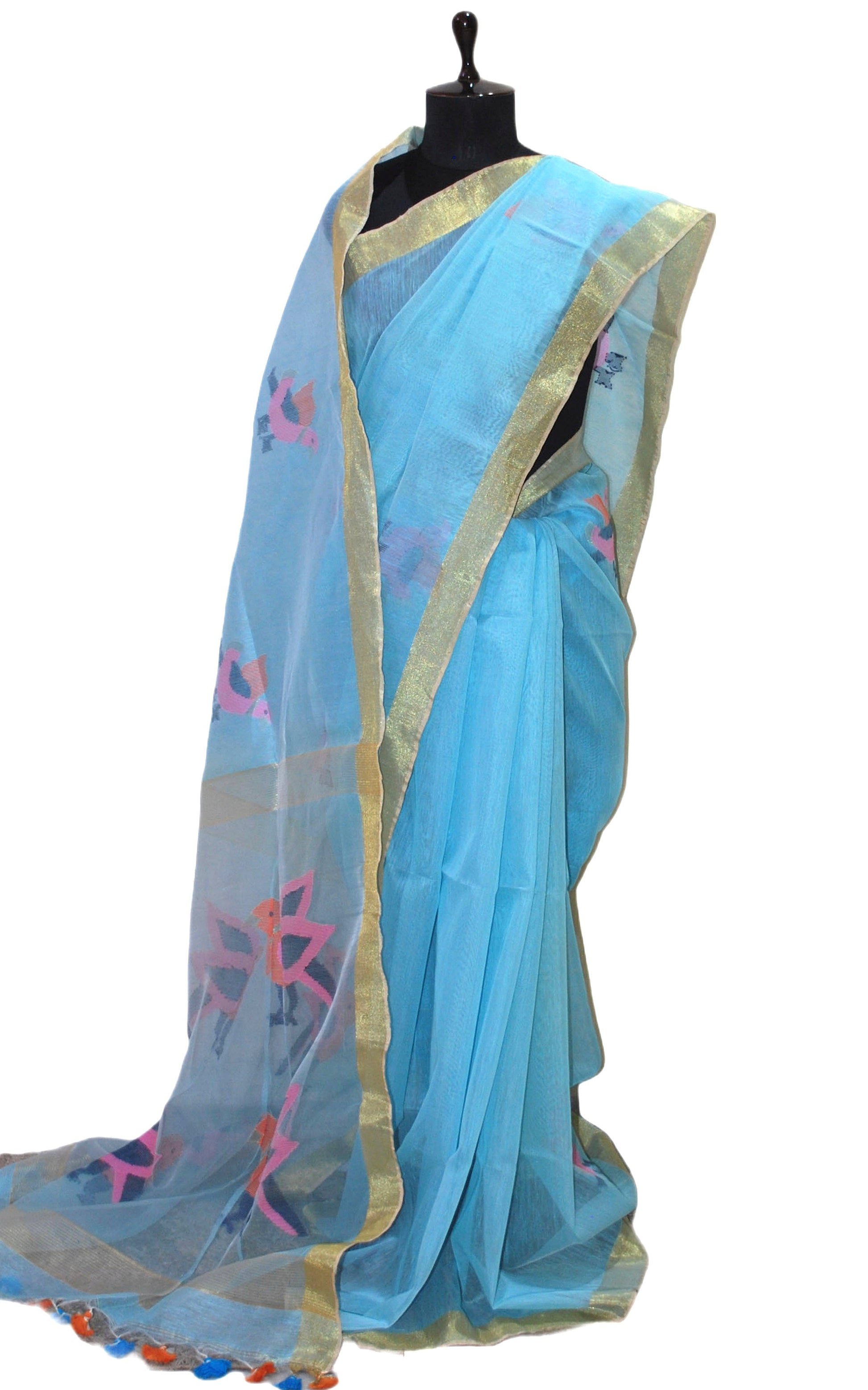 Silk Linen Jamdani Saree in Blue, Pink and Gold