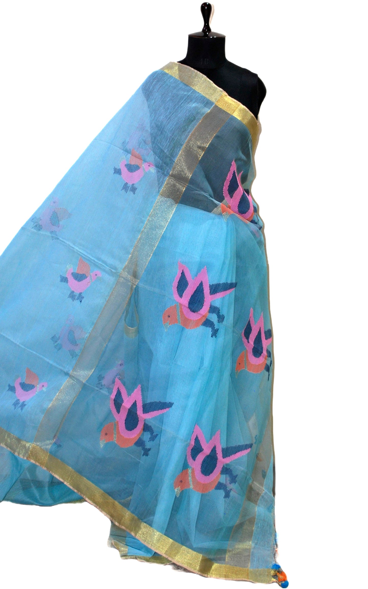 Silk Linen Jamdani Saree in Blue, Pink and Gold