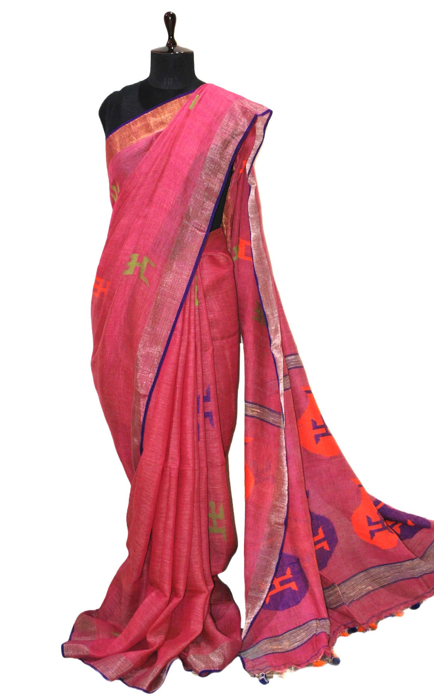 Pure Handloom Linen Jamdani Saree in Fandango Pink and Royal Blue