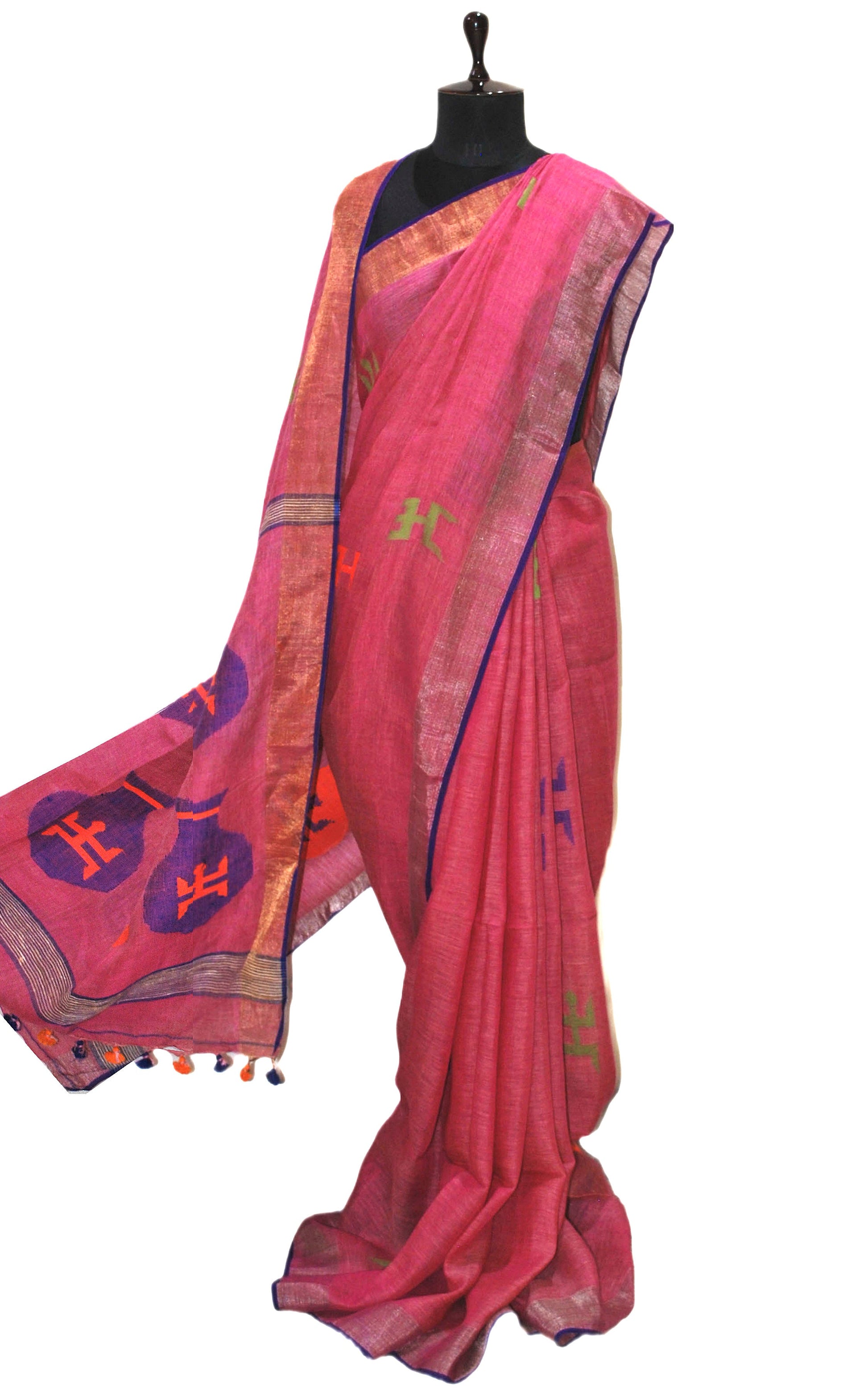 Pure Handloom Linen Jamdani Saree in Fandango Pink and Royal Blue