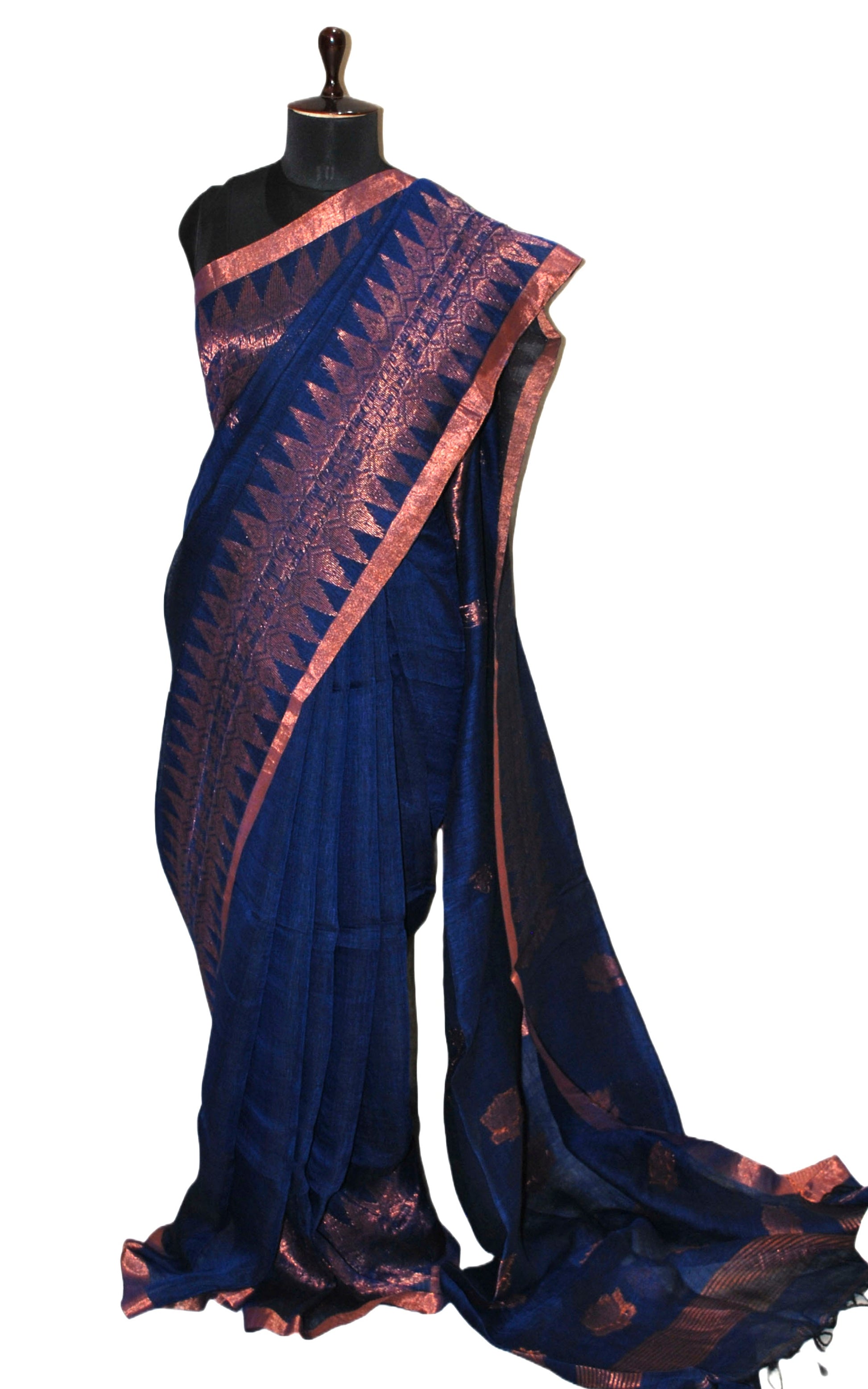 Handwoven Linen Kanchipuram Saree in Prussian Blue and Copper