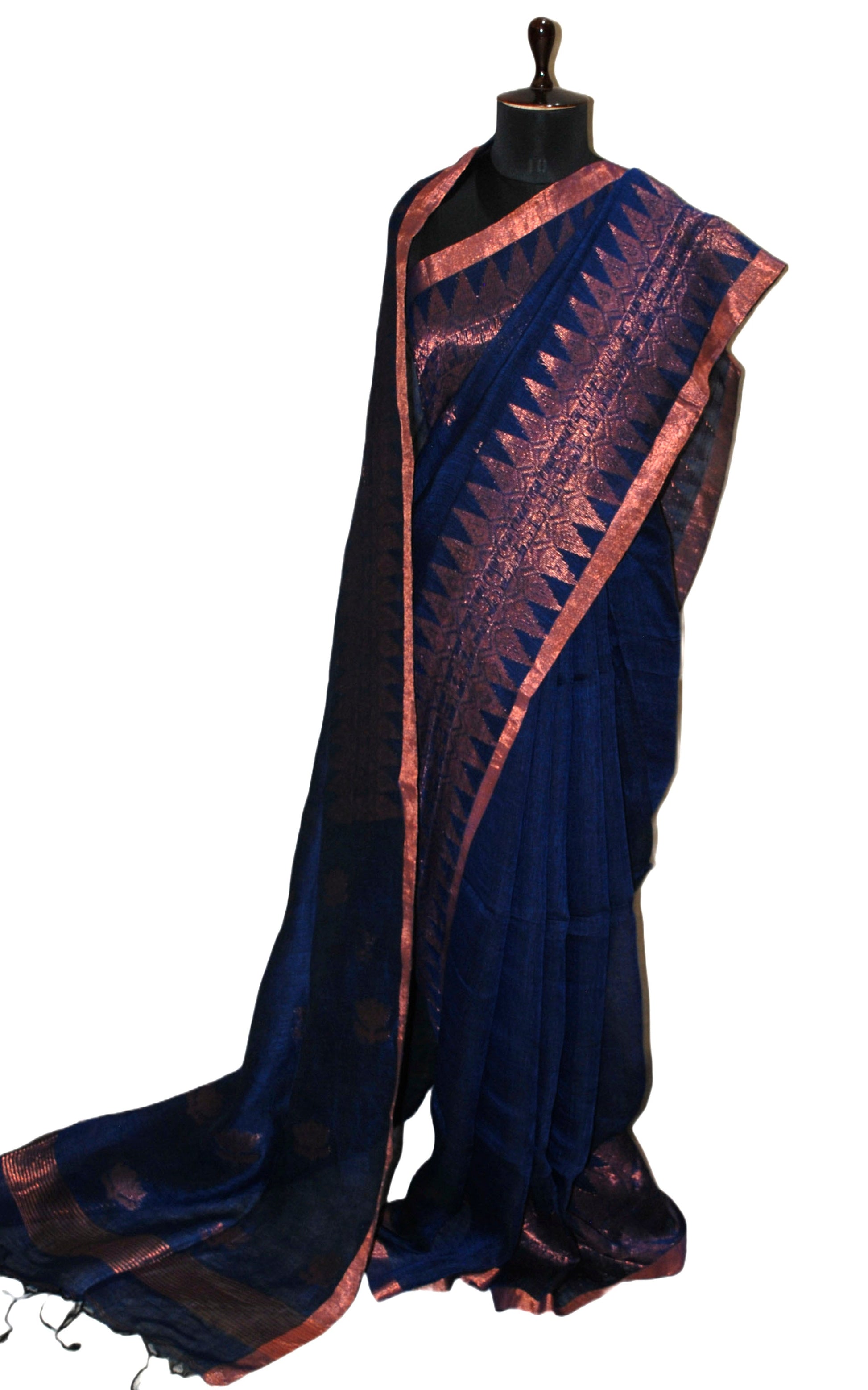 Handwoven Linen Kanchipuram Saree in Prussian Blue and Copper