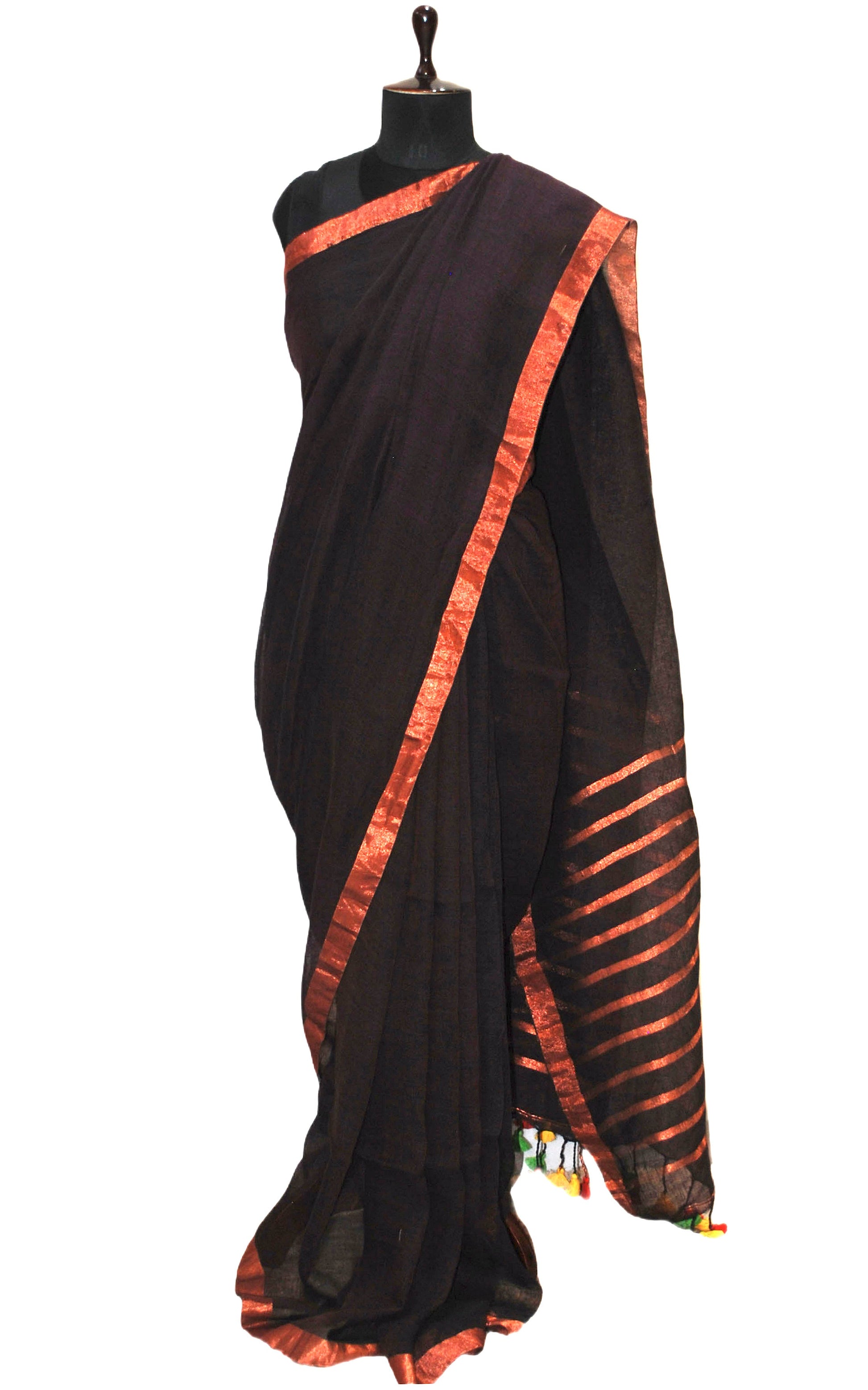 Smart Linen Saree with Stripe Pallu in Dark Brown and Copper Zari