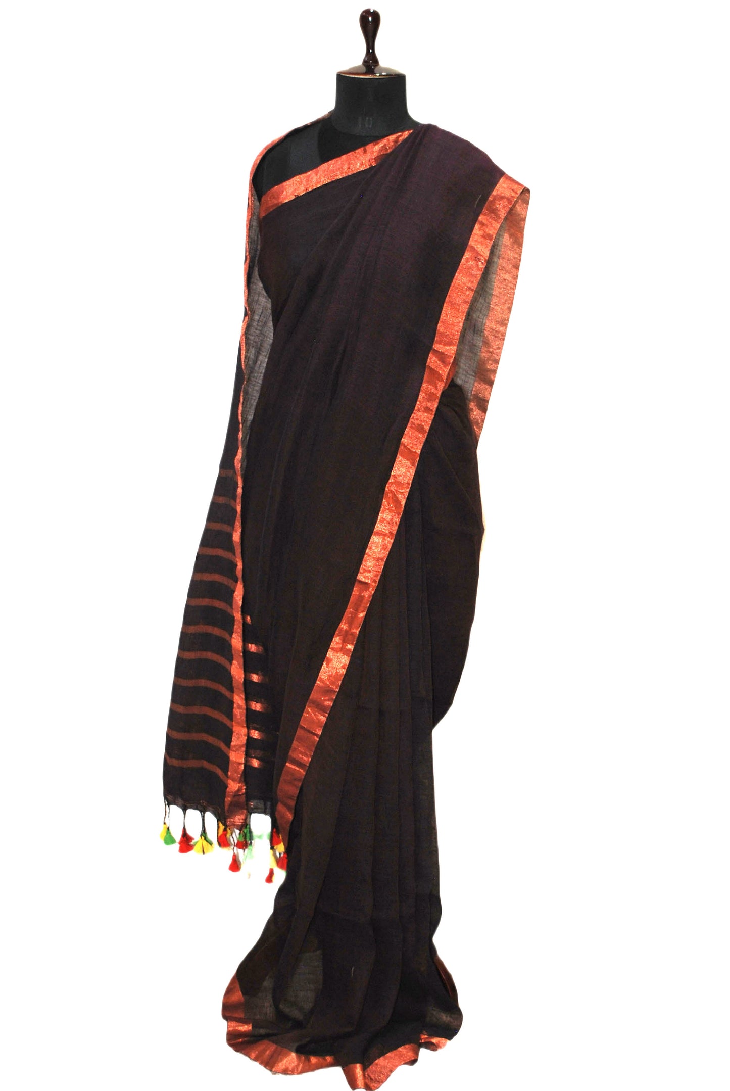 Smart Linen Saree with Stripe Pallu in Dark Brown and Copper Zari