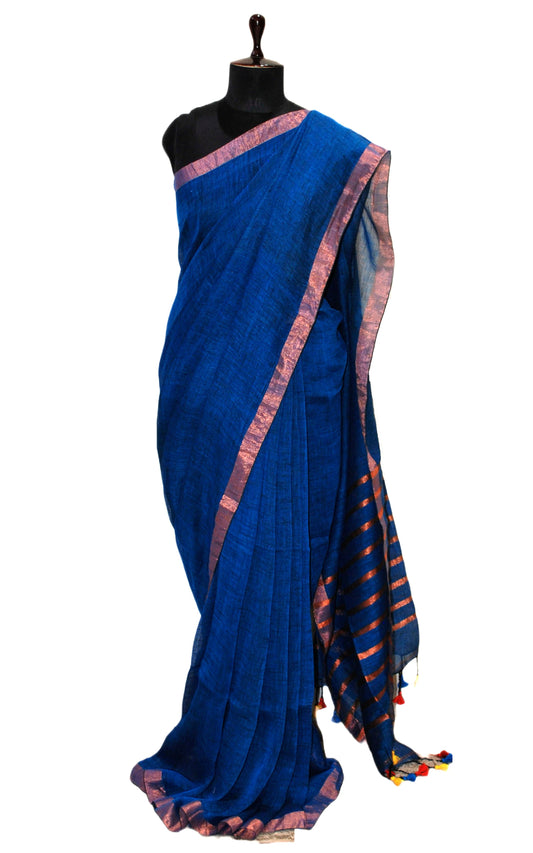 Smart Linen Saree with Stripe Pallu in Sapphire Blue and Copper Zari