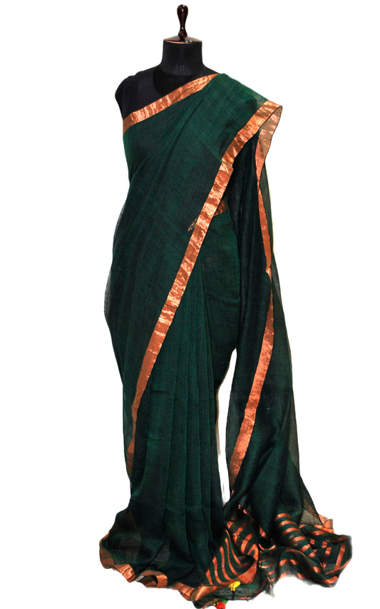 Smart Linen Saree with Stripe Pallu in Bottle Green and Copper Zari