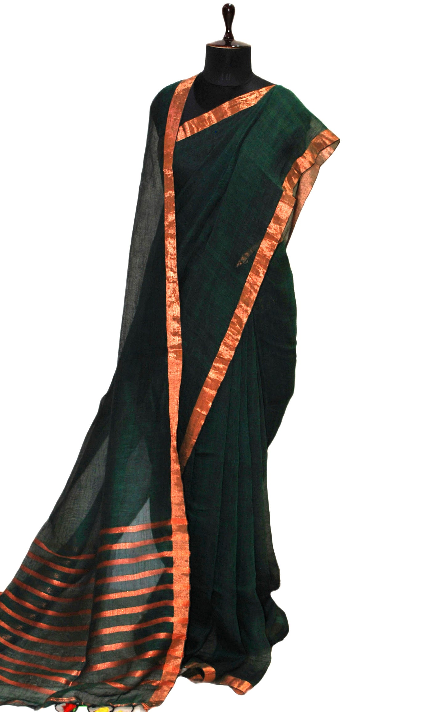 Smart Linen Saree with Stripe Pallu in Bottle Green and Copper Zari